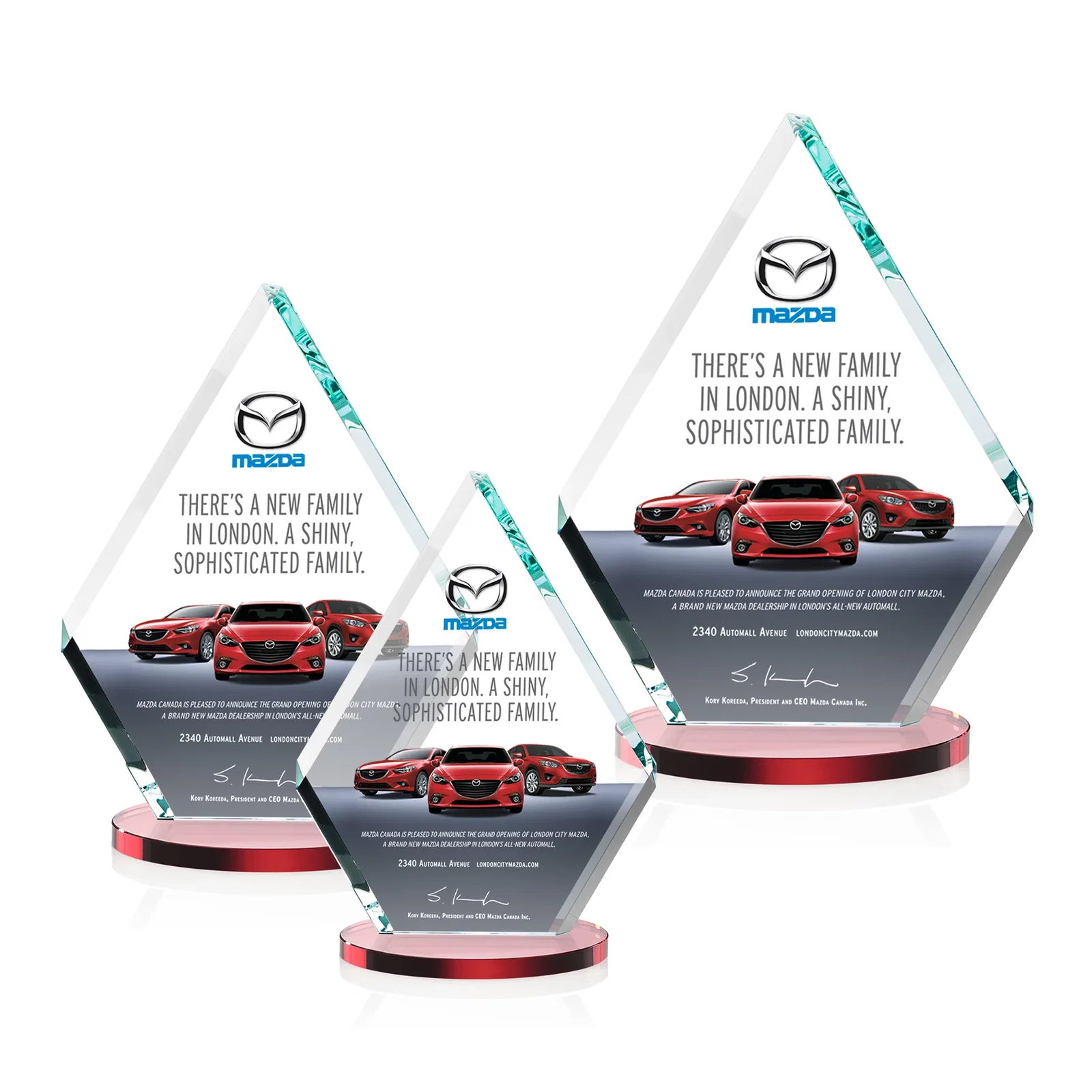 Custom printed Starfire Crystal Diamond Award on a Clear or Rosewood Base for retirement presentations