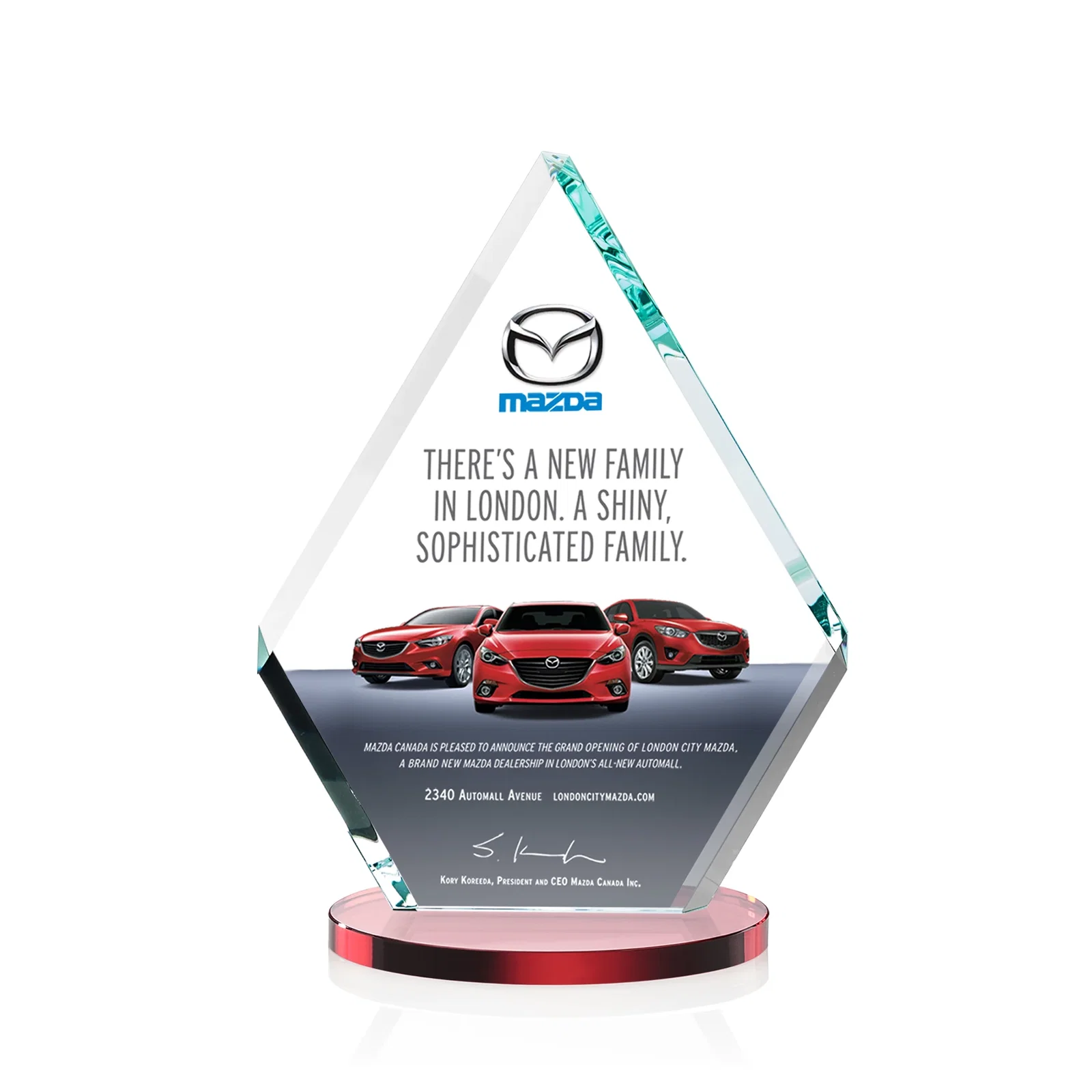 Custom printed Starfire Crystal Diamond Award on a Clear or Rosewood Base for team milestone celebrations