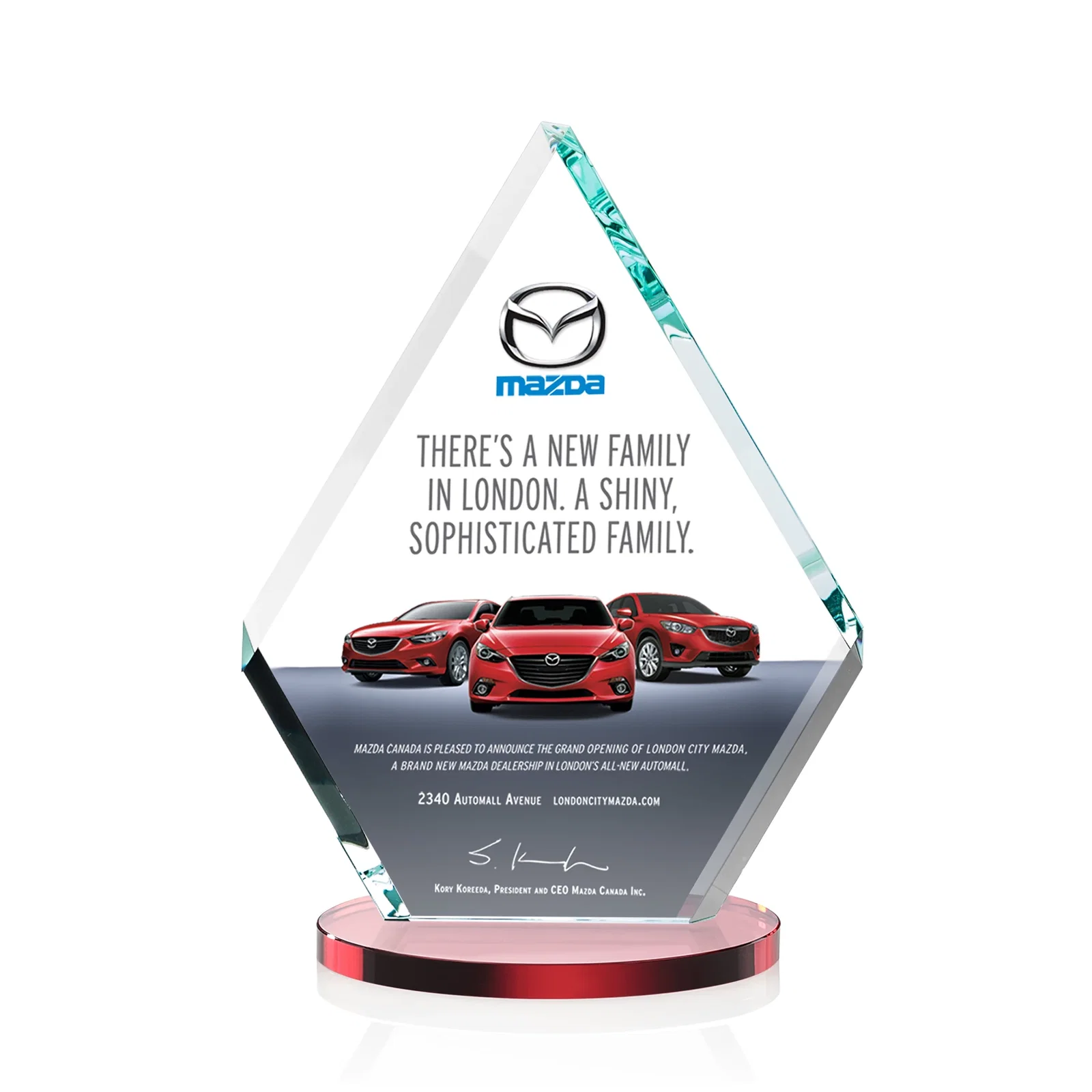 Custom printed Starfire Crystal Diamond Award on a Clear or Rosewood Base for donor appreciation