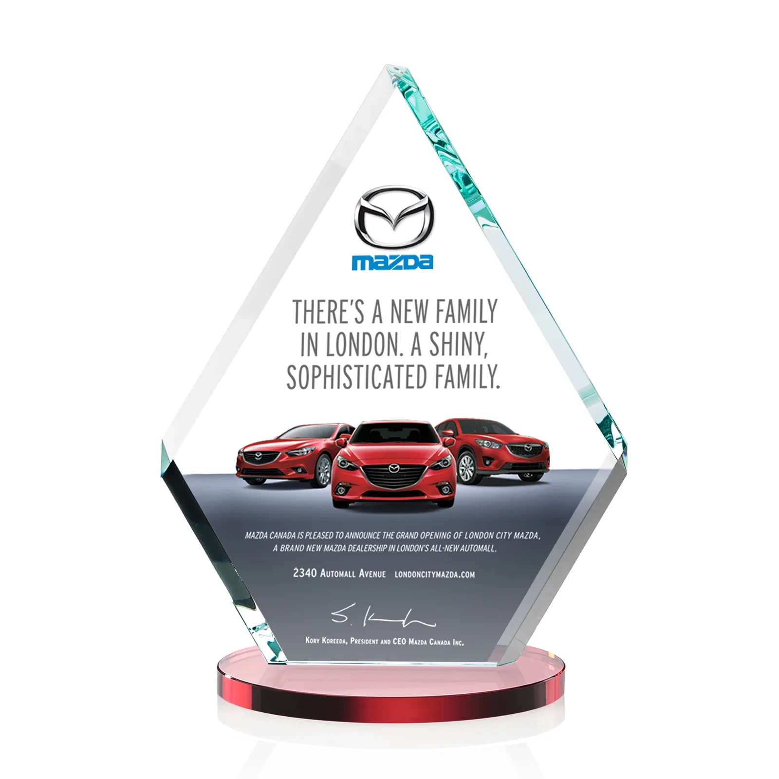 Custom printed Starfire Crystal Diamond Award on a Clear or Rosewood Base for graduation ceremonies