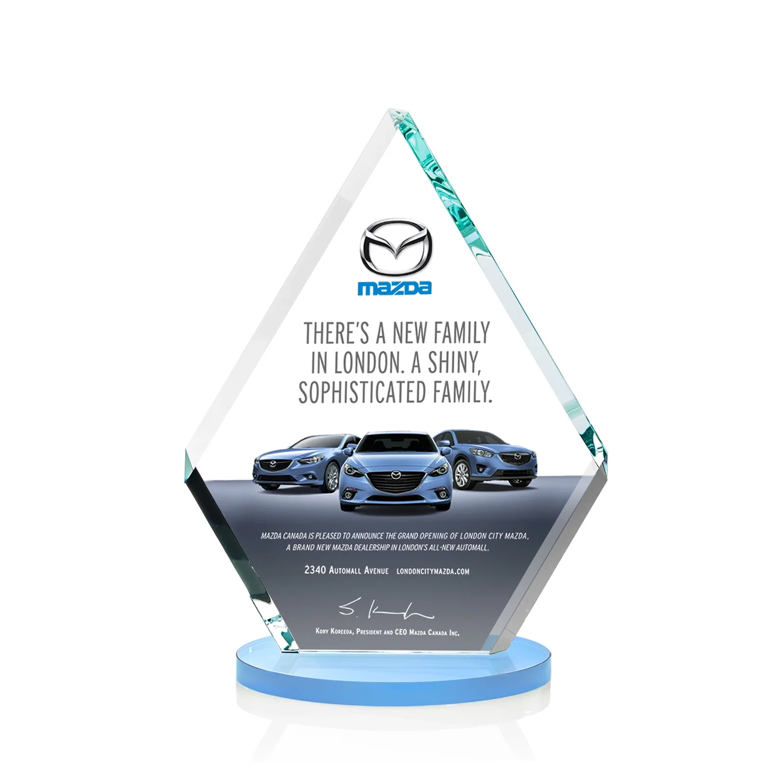 Custom printed Starfire Crystal Diamond Award on a Clear or Rosewood Base for volunteer appreciation