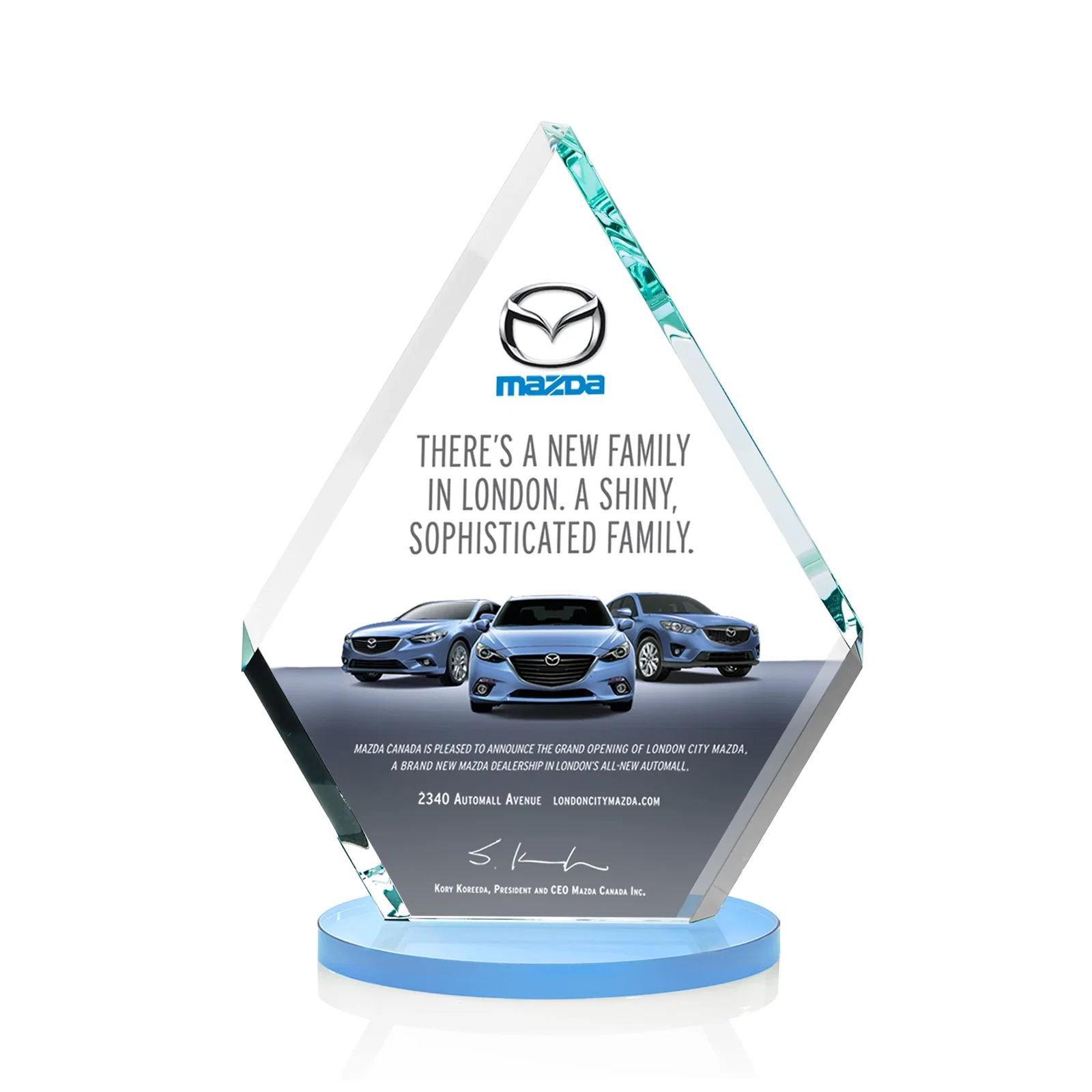 Custom printed Starfire Crystal Diamond Award on a Clear or Rosewood Base for dealer and partner awards