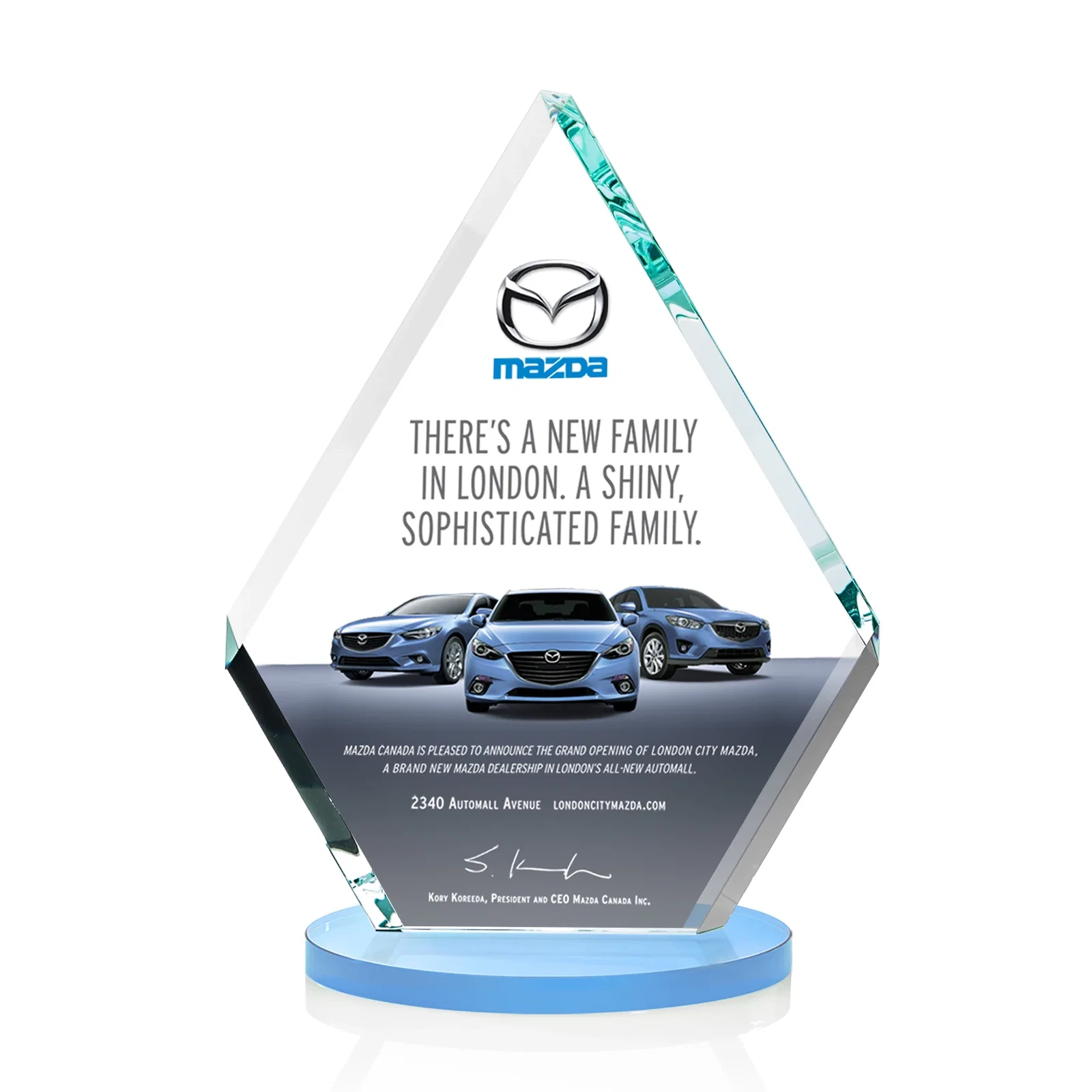 Custom printed Starfire Crystal Diamond Award on a Clear or Rosewood Base for company anniversary events