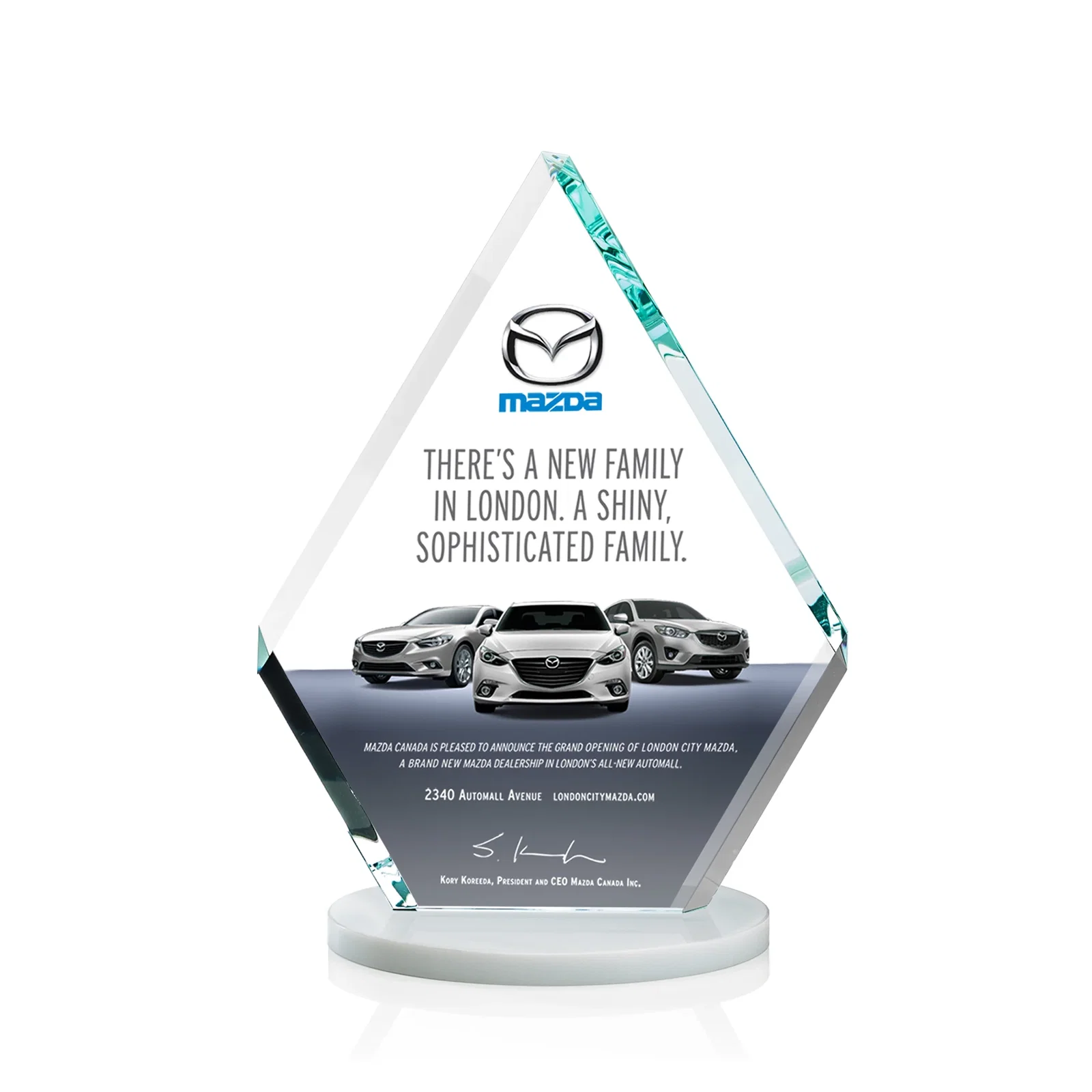 Customized Starfire Crystal Diamond Award on a Clear or Rosewood Base for corporate award ceremonies