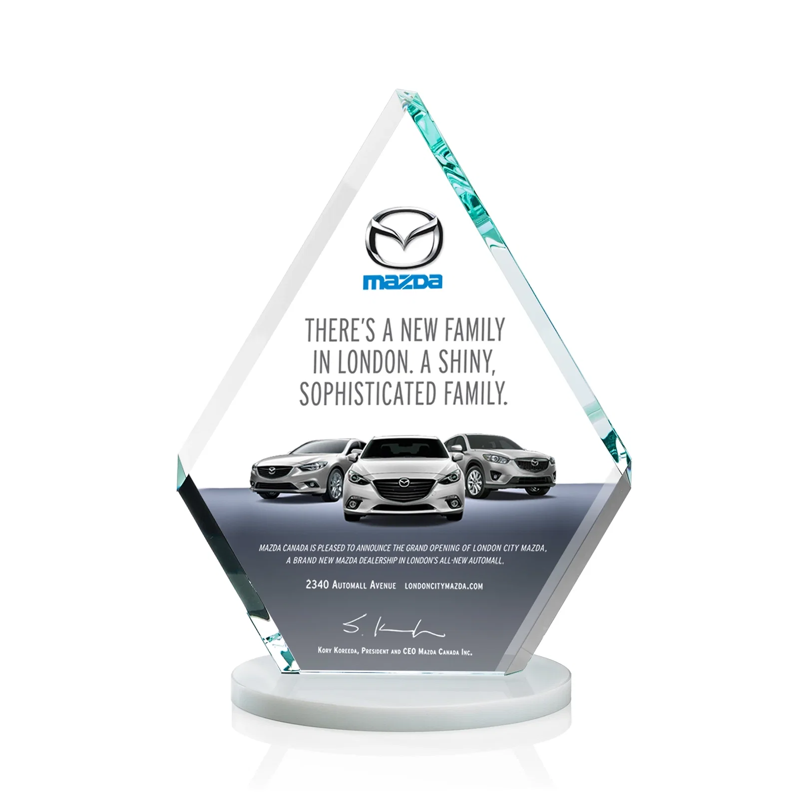 Customized Starfire Crystal Diamond Award on a Clear or Rosewood Base for service anniversary gifts