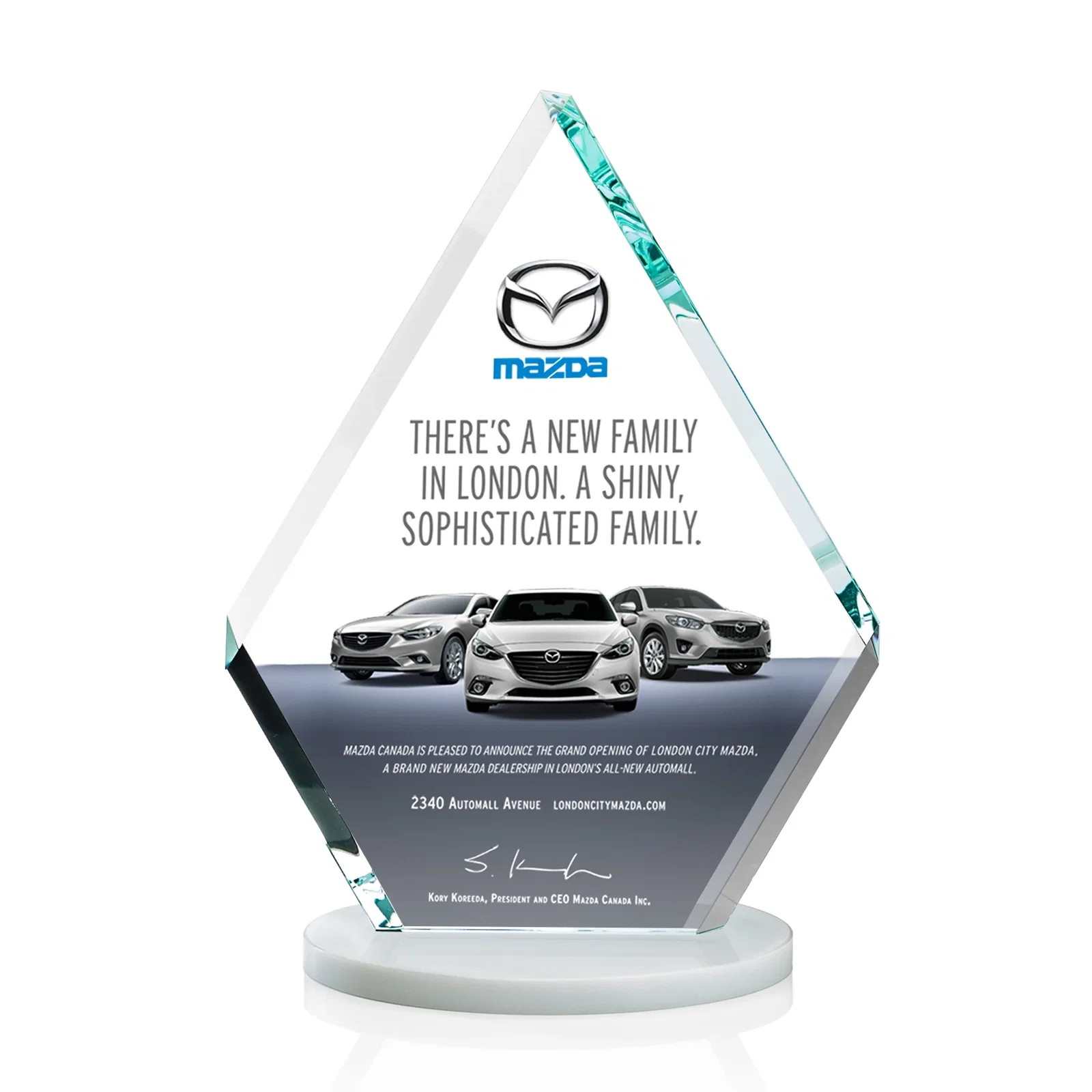 Customized Starfire Crystal Diamond Award on a Clear or Rosewood Base for sales achievement awards