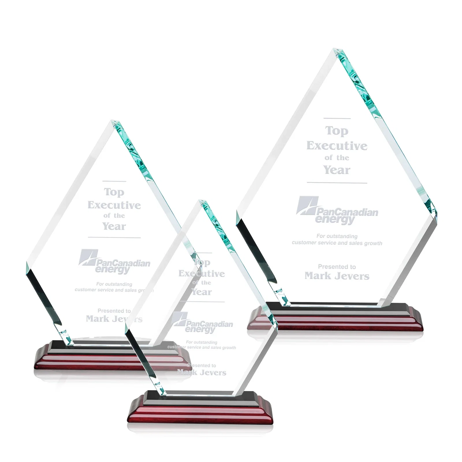 Customized Starfire Crystal Diamond Award on a Clear or Rosewood Base for retirement presentations