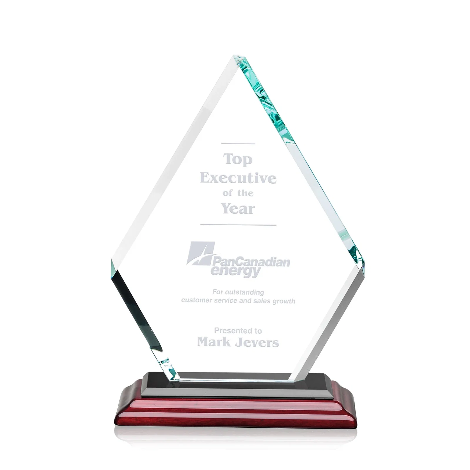 Customized Starfire Crystal Diamond Award on a Clear or Rosewood Base for team milestone celebrations