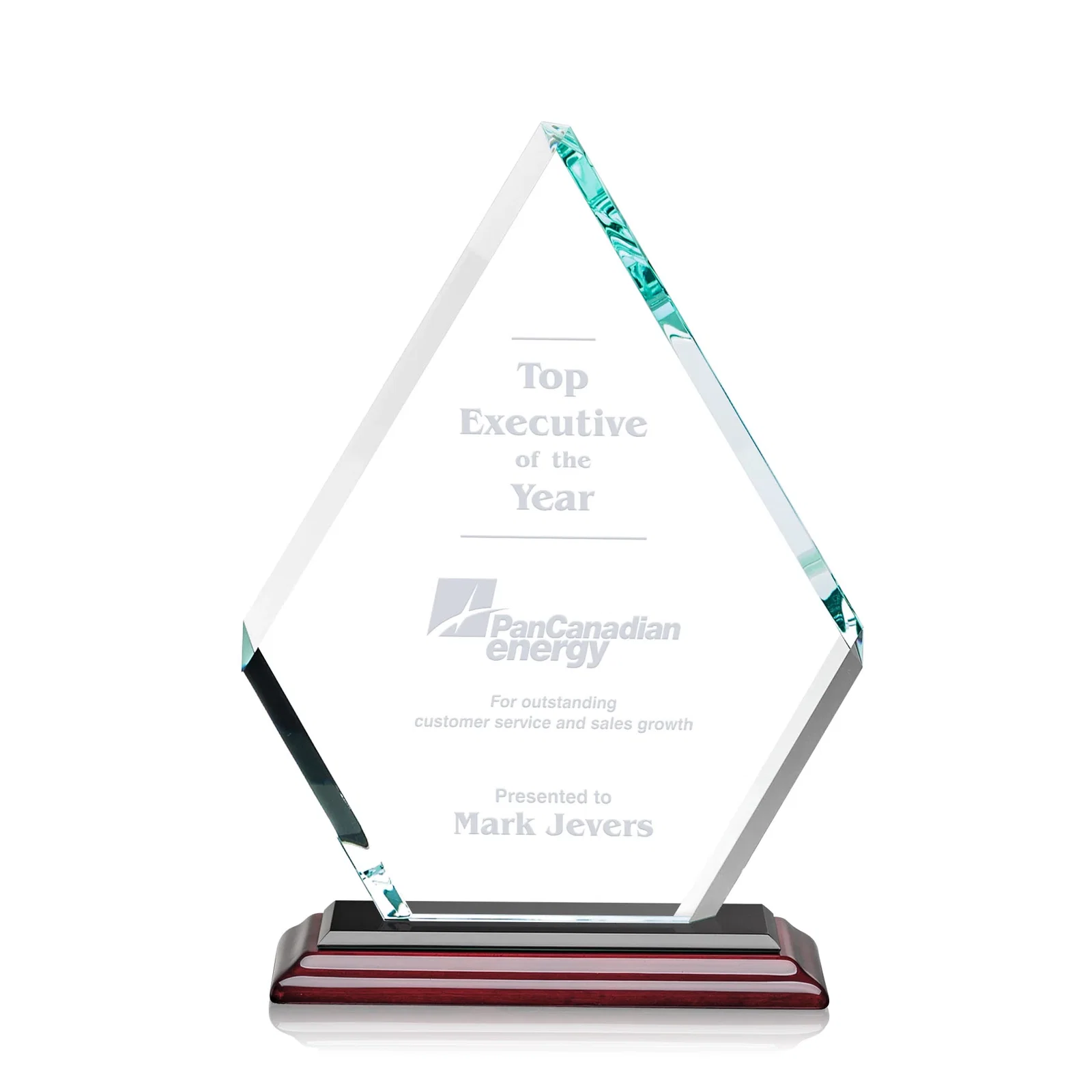 Customized Starfire Crystal Diamond Award on a Clear or Rosewood Base for donor appreciation