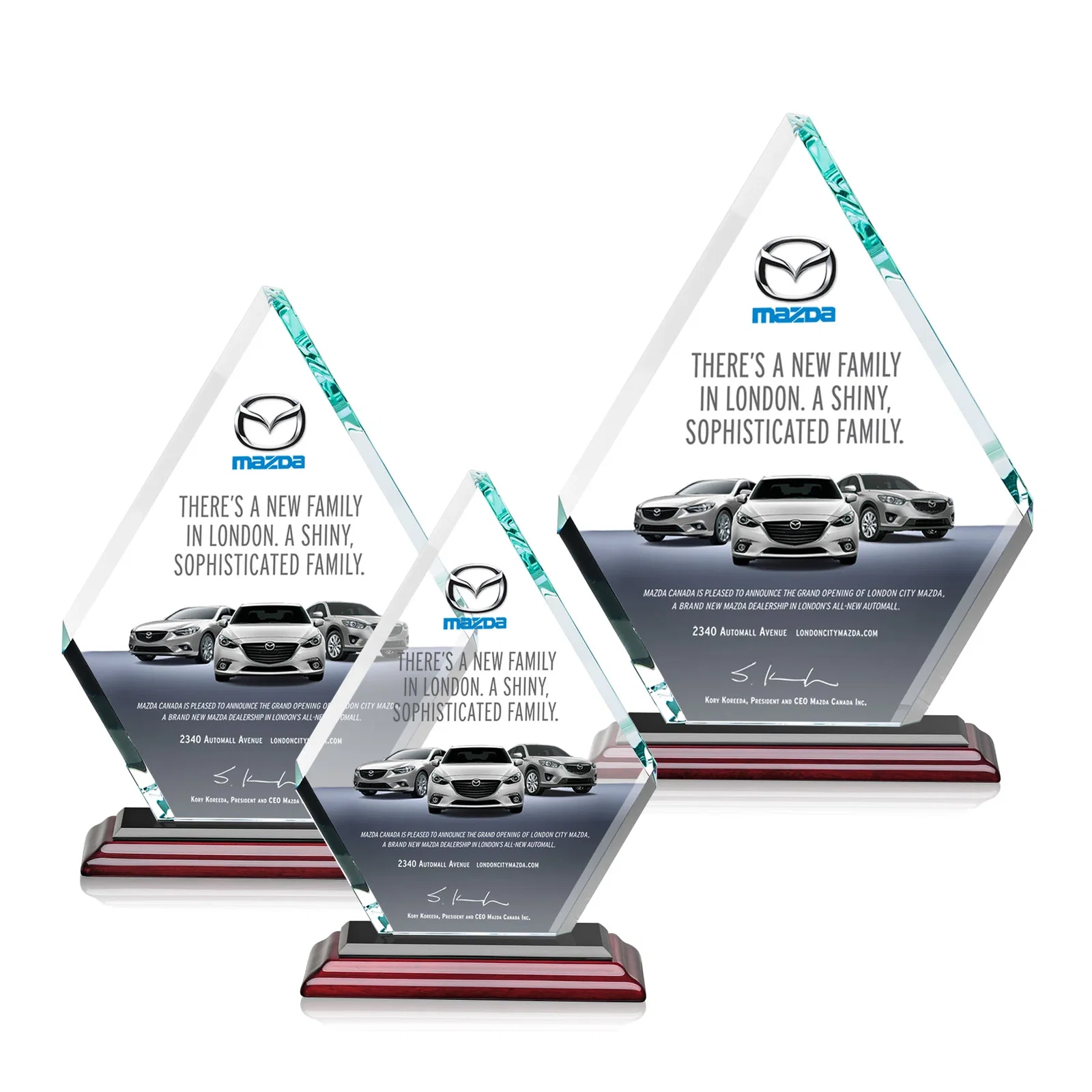Customized Starfire Crystal Diamond Award on a Clear or Rosewood Base for safety achievement programs