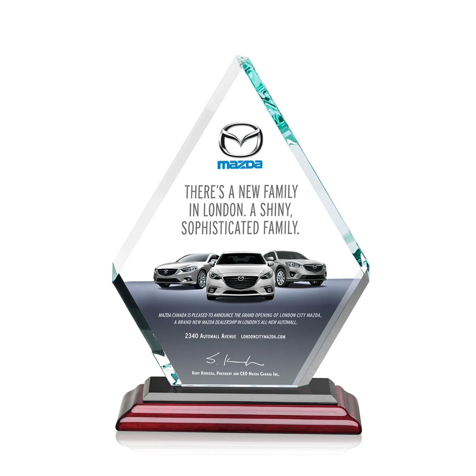 Customized Starfire Crystal Diamond Award on a Clear or Rosewood Base for volunteer appreciation