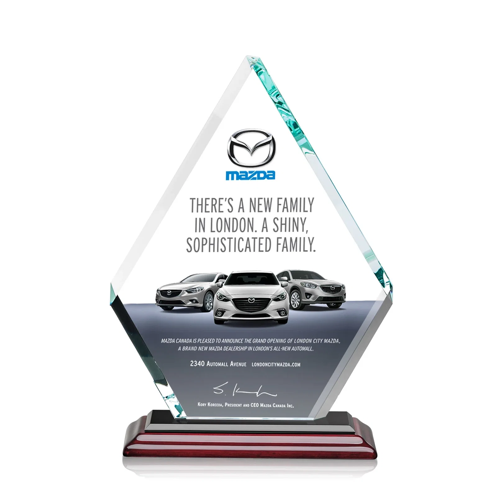 Customized Starfire Crystal Diamond Award on a Clear or Rosewood Base for dealer and partner awards