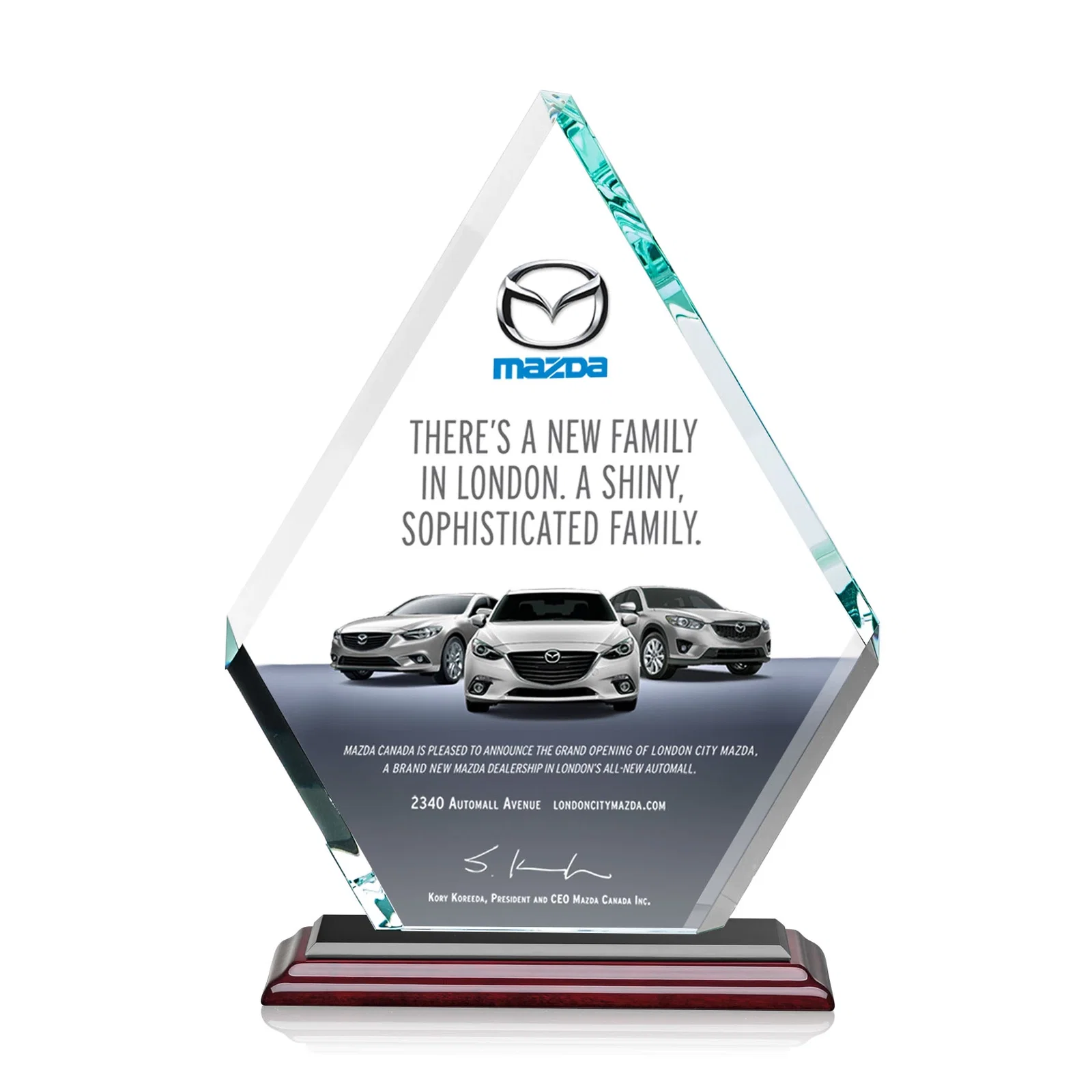 Customized Starfire Crystal Diamond Award on a Clear or Rosewood Base for company anniversary events