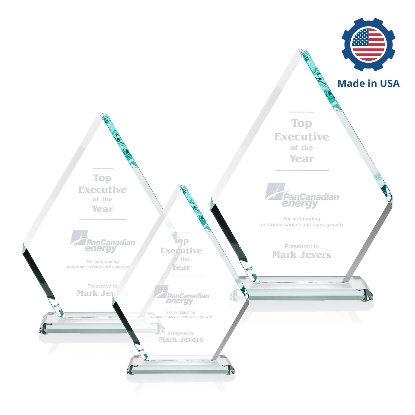 Custom engraved Starfire Crystal Diamond Award on a Clear or Rosewood Base for employee recognition