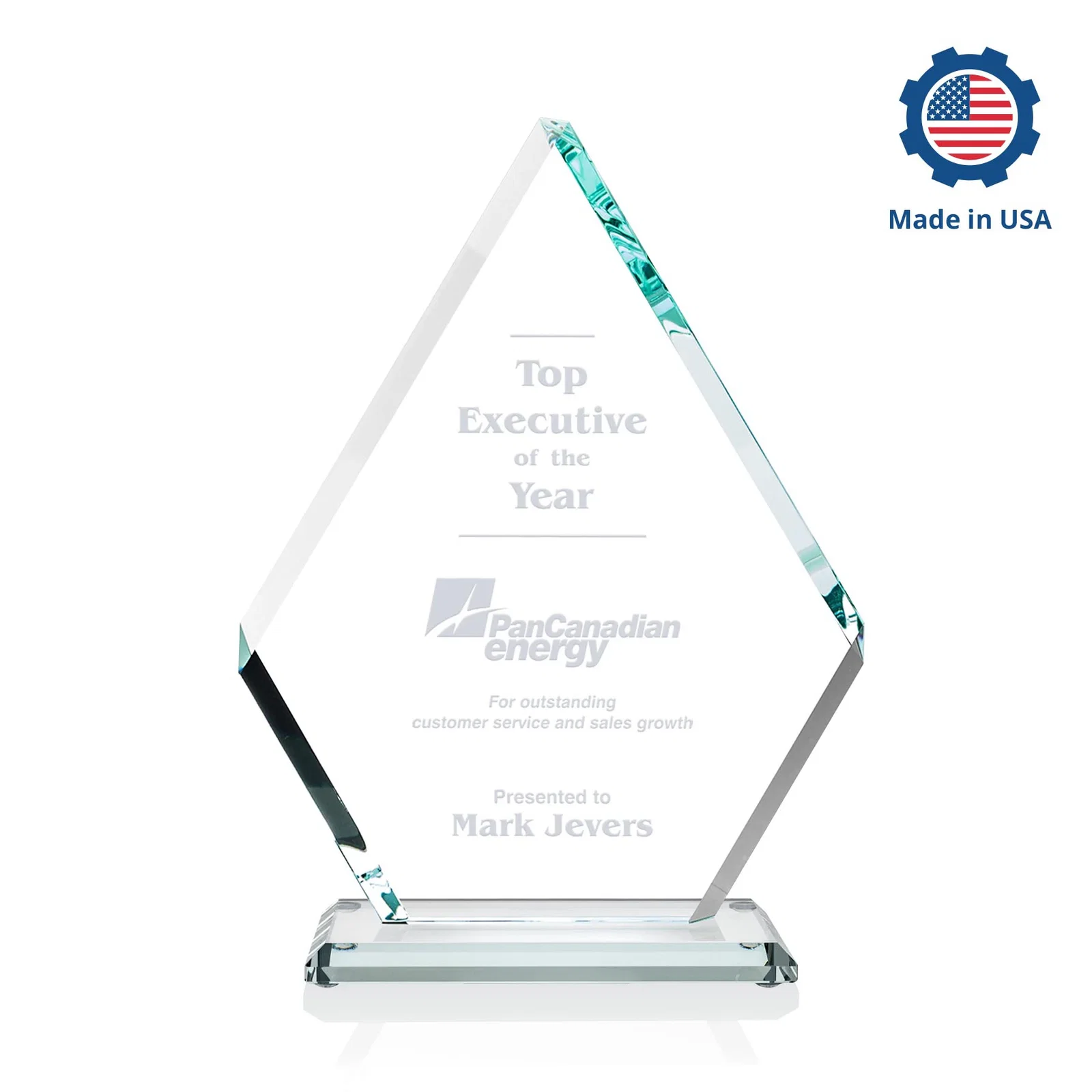 Custom engraved Starfire Crystal Diamond Award on a Clear or Rosewood Base for service anniversary gifts