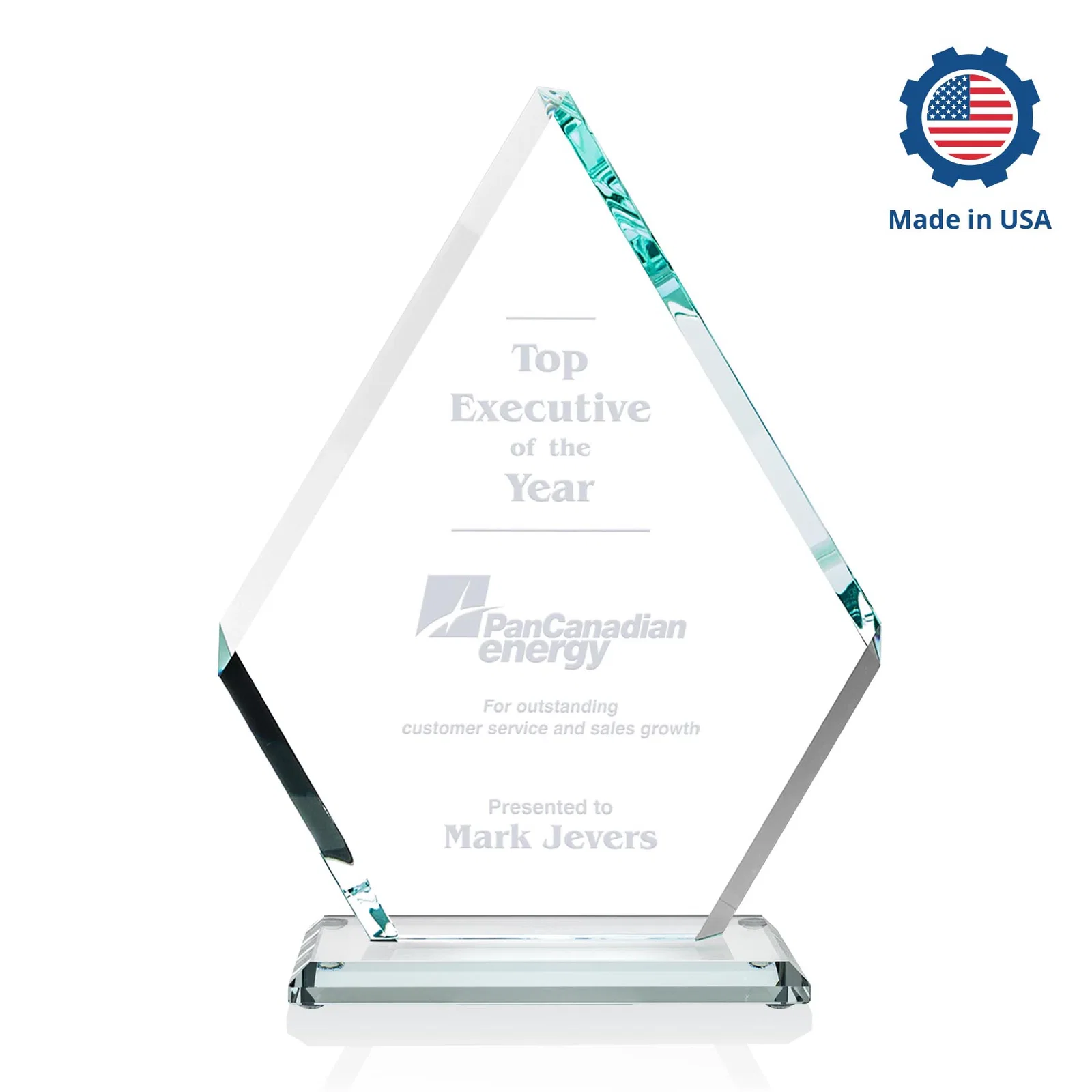 Custom engraved Starfire Crystal Diamond Award on a Clear or Rosewood Base for sales achievement awards