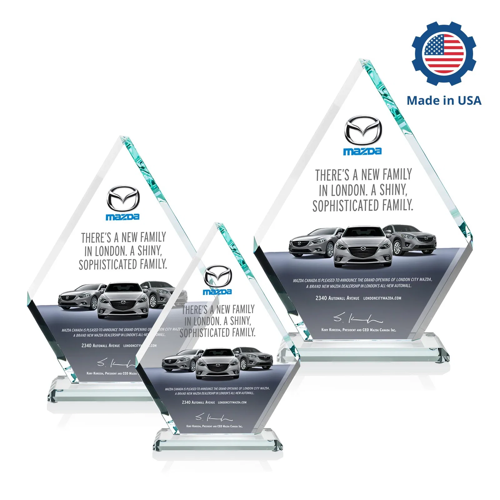 Custom engraved Starfire Crystal Diamond Award on a Clear or Rosewood Base for retirement presentations