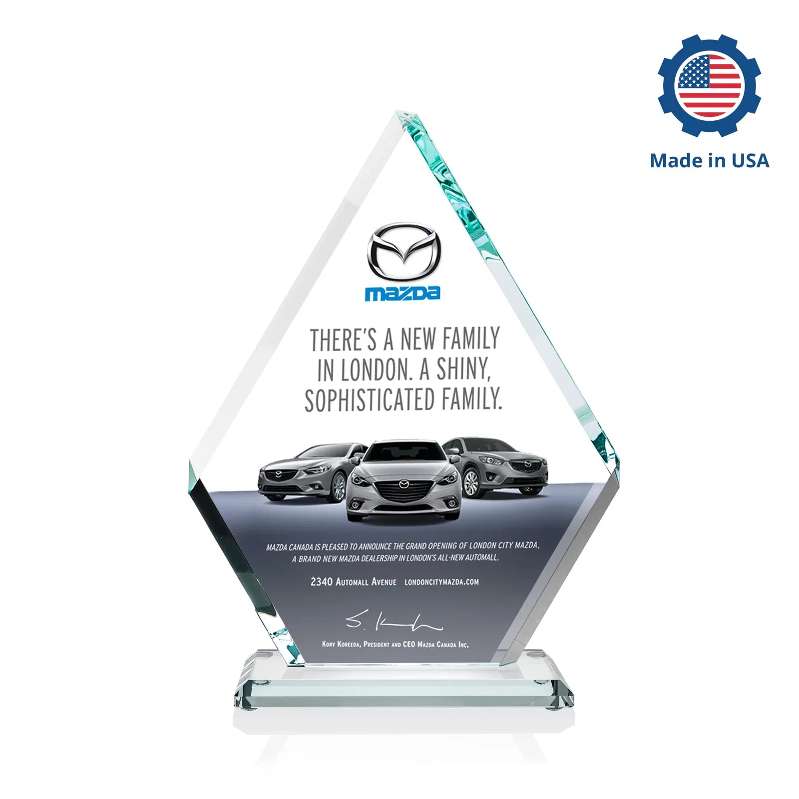 Custom engraved Starfire Crystal Diamond Award on a Clear or Rosewood Base for team milestone celebrations
