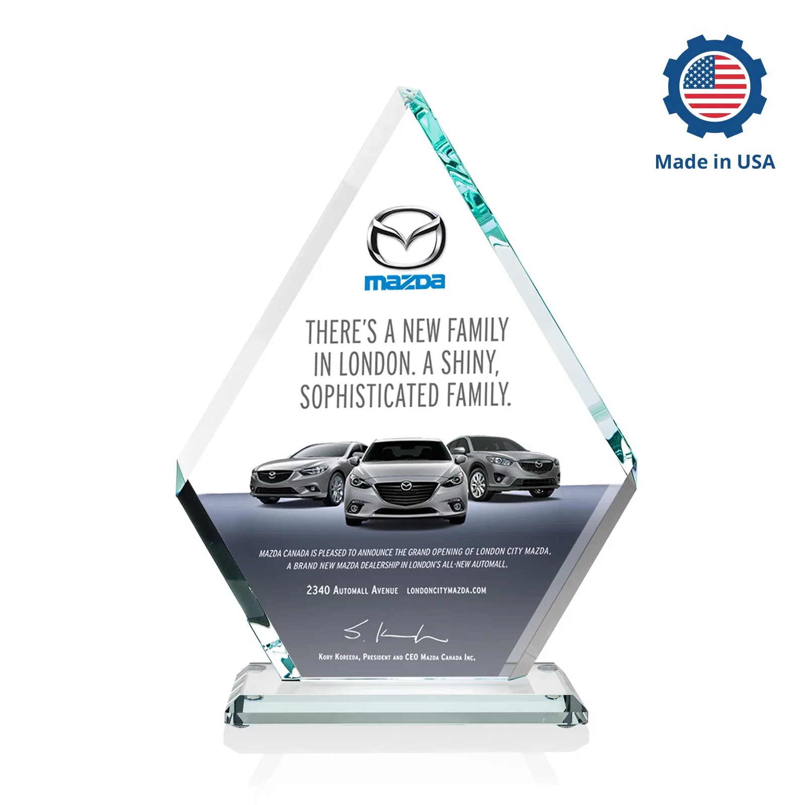 Custom engraved Starfire Crystal Diamond Award on a Clear or Rosewood Base for donor appreciation