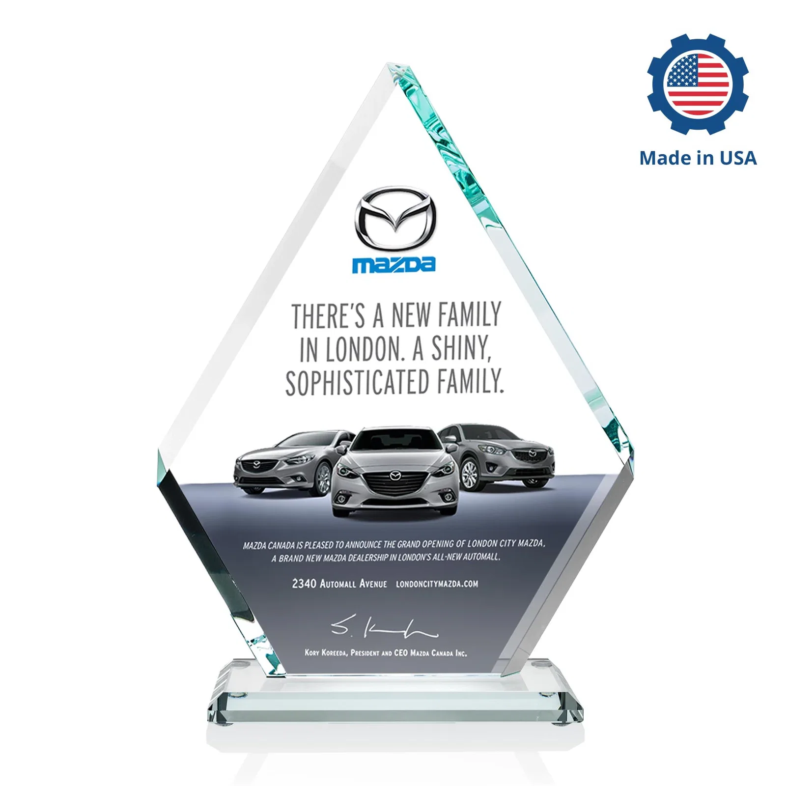 Custom engraved Starfire Crystal Diamond Award on a Clear or Rosewood Base for graduation ceremonies