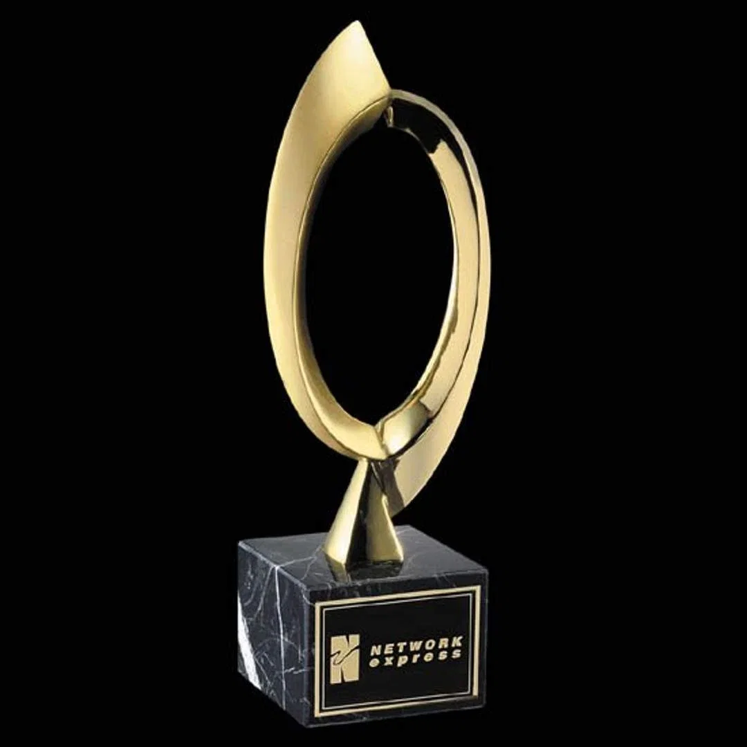 Custom Bright and Satin Gold Cast Metal Award on Marble Base for employee recognition