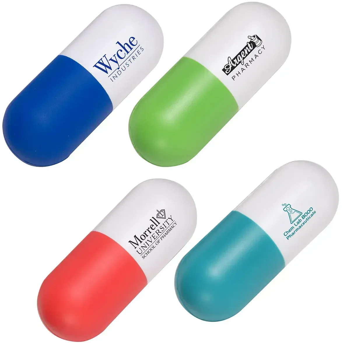Medicine capsule stress reliever with custom logo, promotional branded squeeze toy for pharmacies