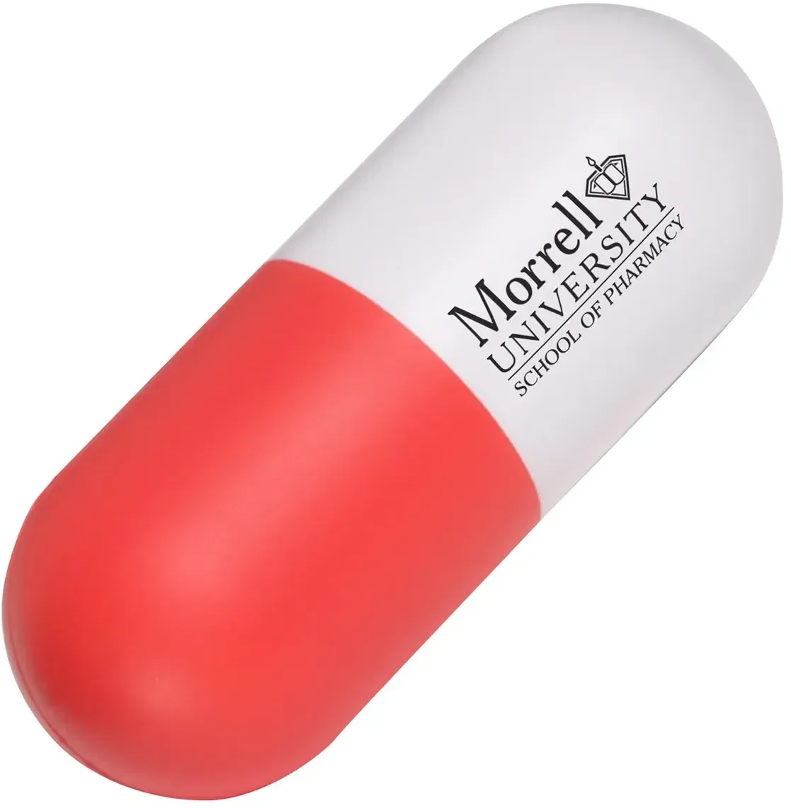 Capsule-shaped branded stress reliever side view, custom promotional squeeze toy
