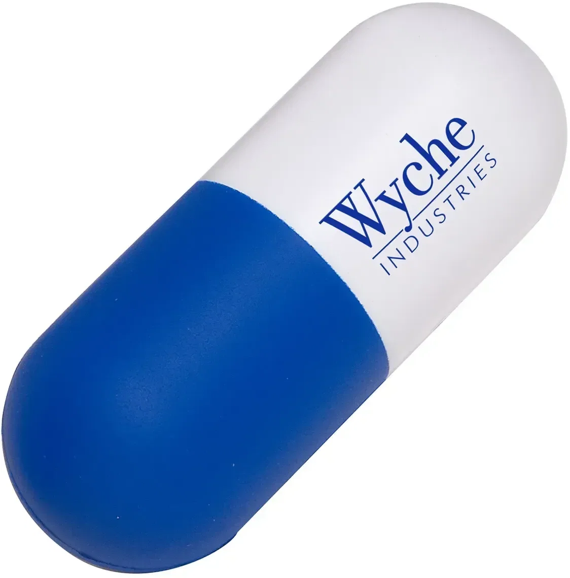 Custom capsule stress reliever close-up of logo, branded pharmacy squeeze toy