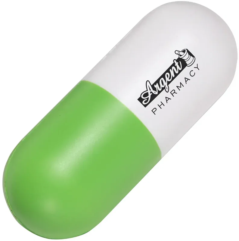 Branded capsule stress reliever held in hand, custom promotional squeeze toy for clinics