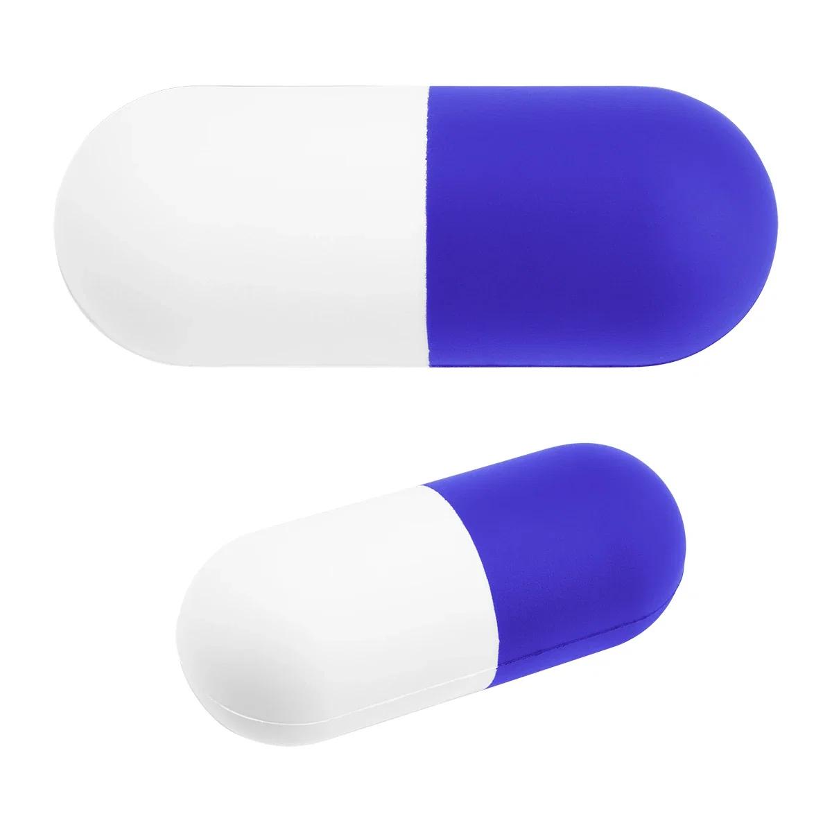 White and blue capsule shown lying on its side