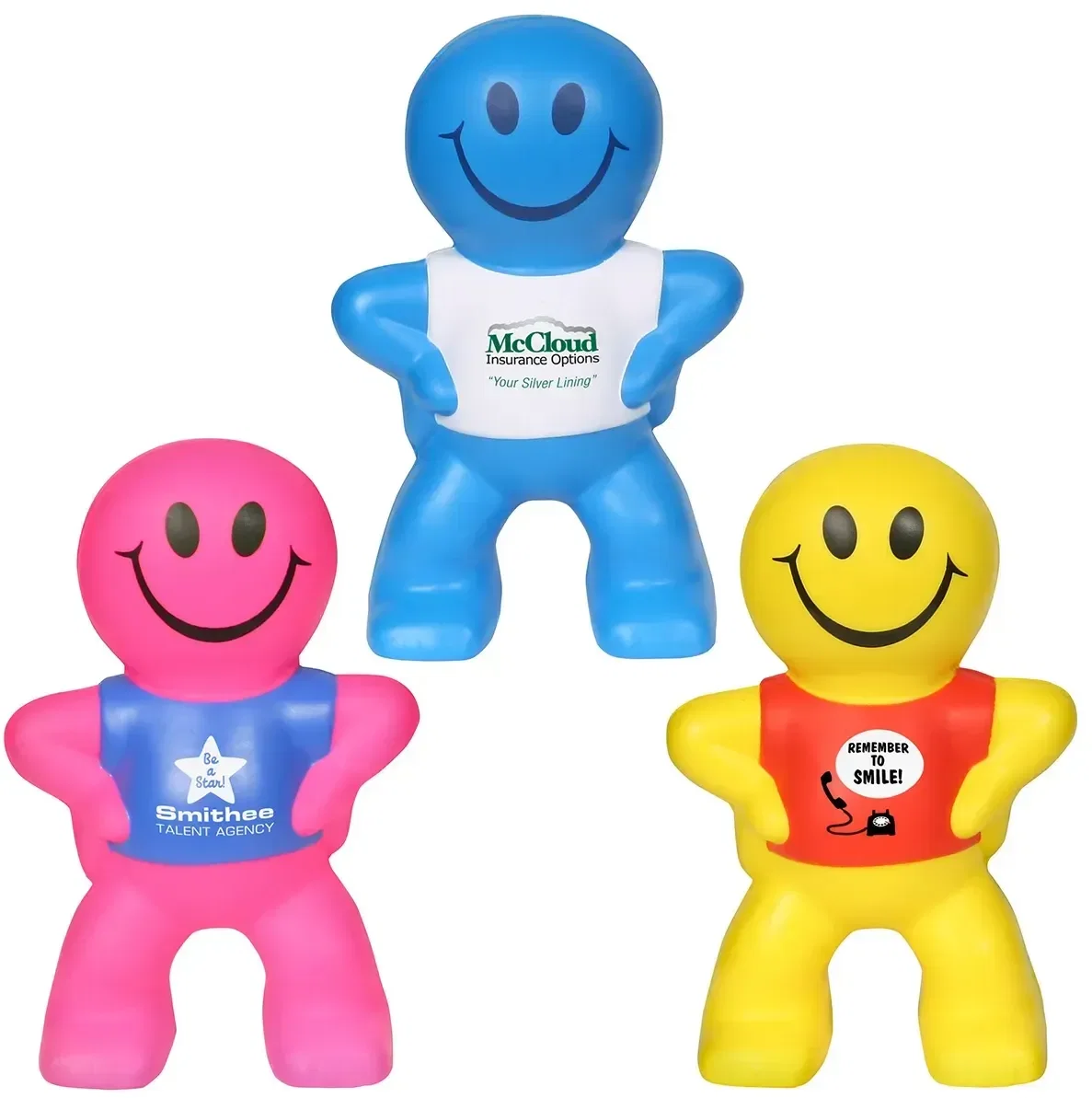 Captain Smiley custom stress ball, smiling superhero-shaped promotional squeeze toy for branded logo giveaways, front view
