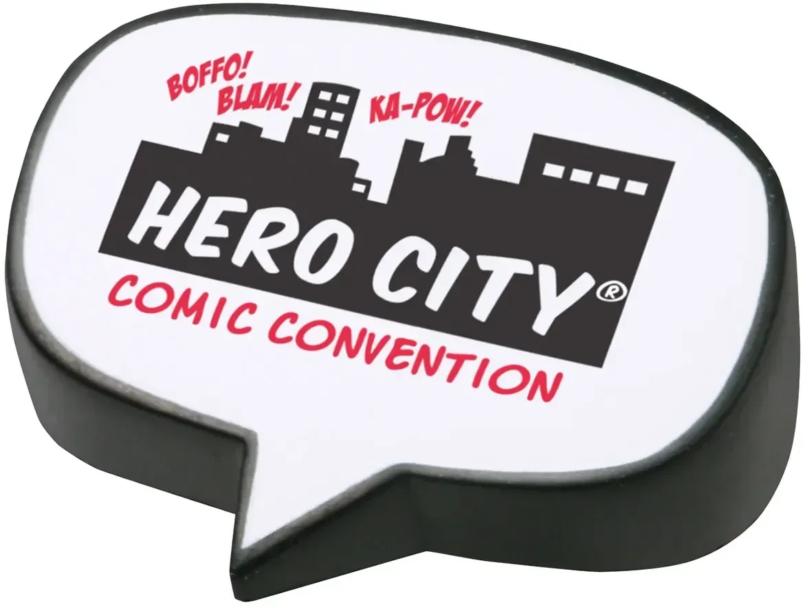 Custom Caption Bubble Stress Reliever, promotional comic speech-bubble squeeze toy with logo imprint area