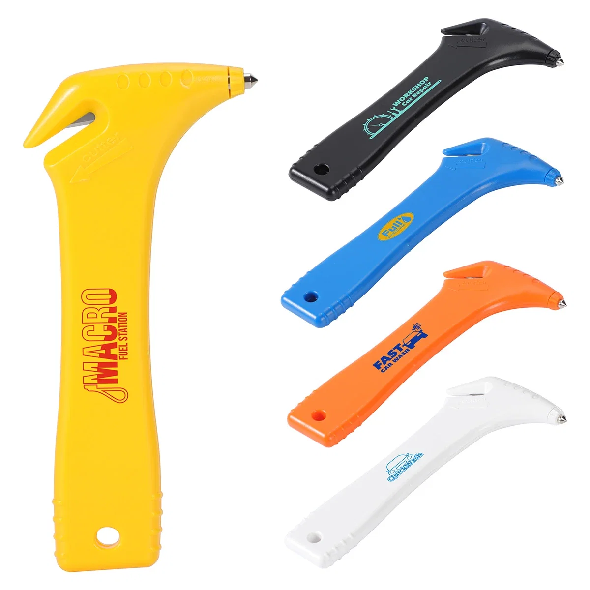 Custom Car Escape Tool with Cutter, front view of the branded emergency tool
