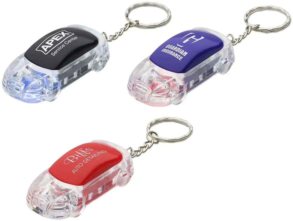Custom branded car-shaped LED keychain, front view of the promotional flashlight keychain with logo space