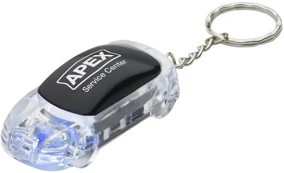 Side profile of the branded car-shaped flashing LED keychain, a custom daily-carry flashlight keychain