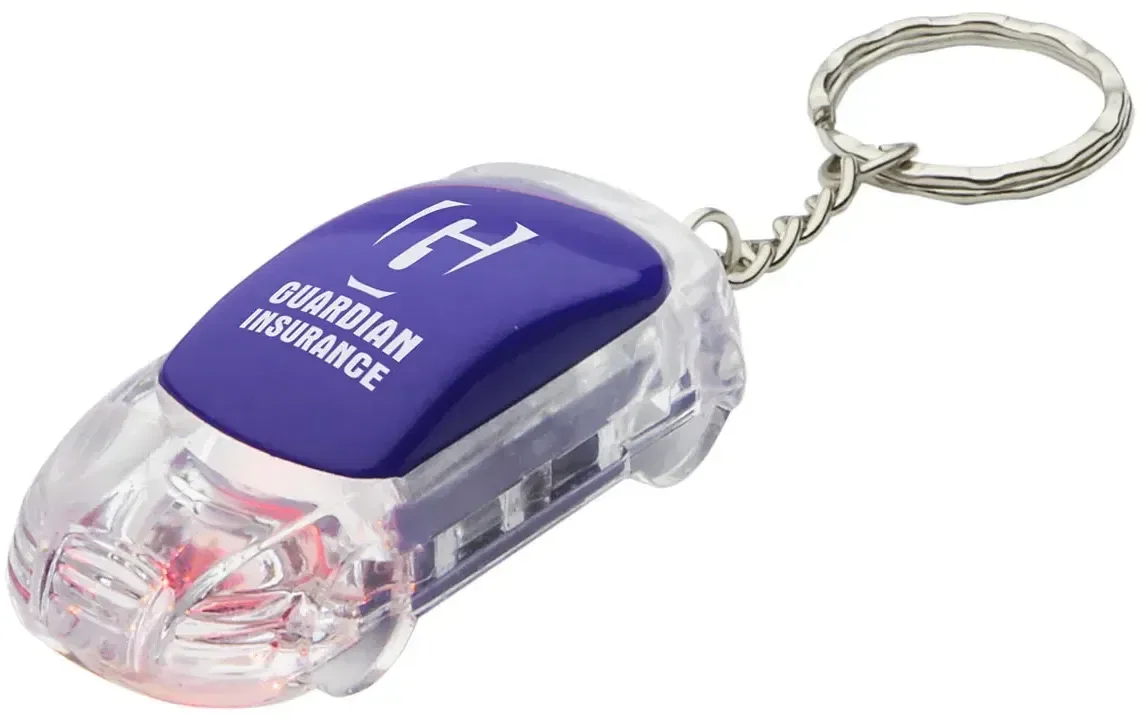 Close-up of the promotional car keychain showing its flashing LED lights and custom logo area