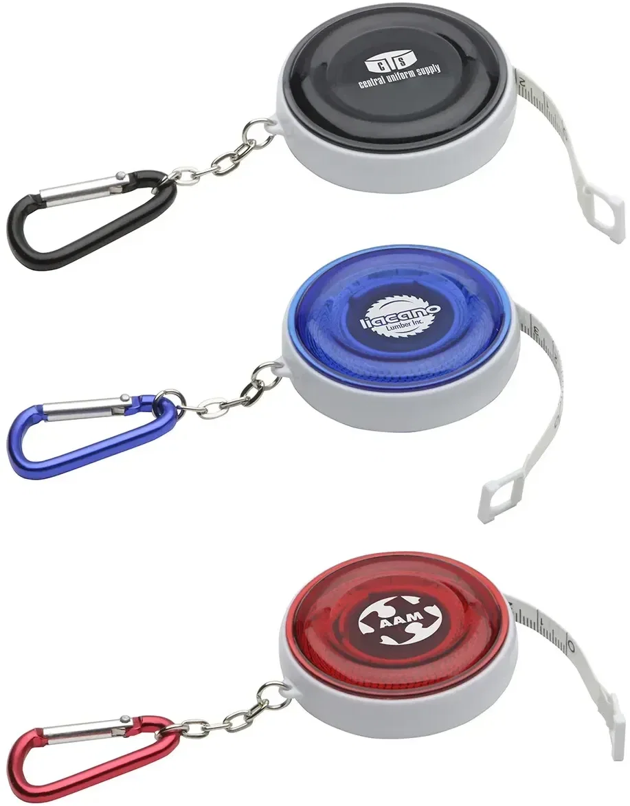 Carabiner 5-foot auto-lock tape measure, custom branded clip-on tape measure, front hero view