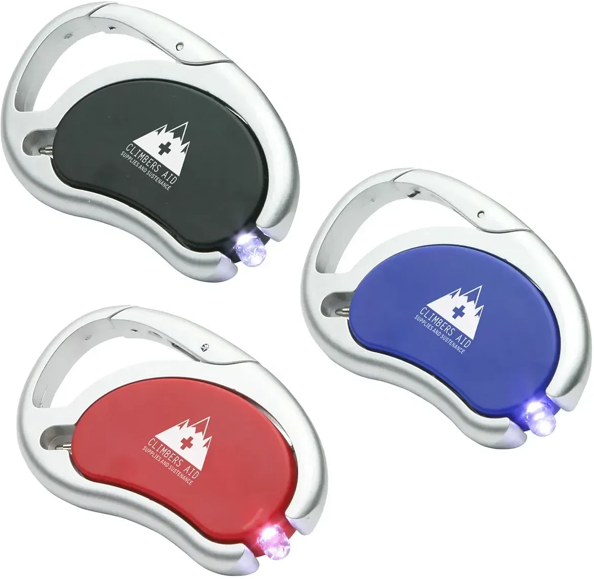 Carabiner Swivel Light and Pen, a custom branded three-in-one LED tool, front view