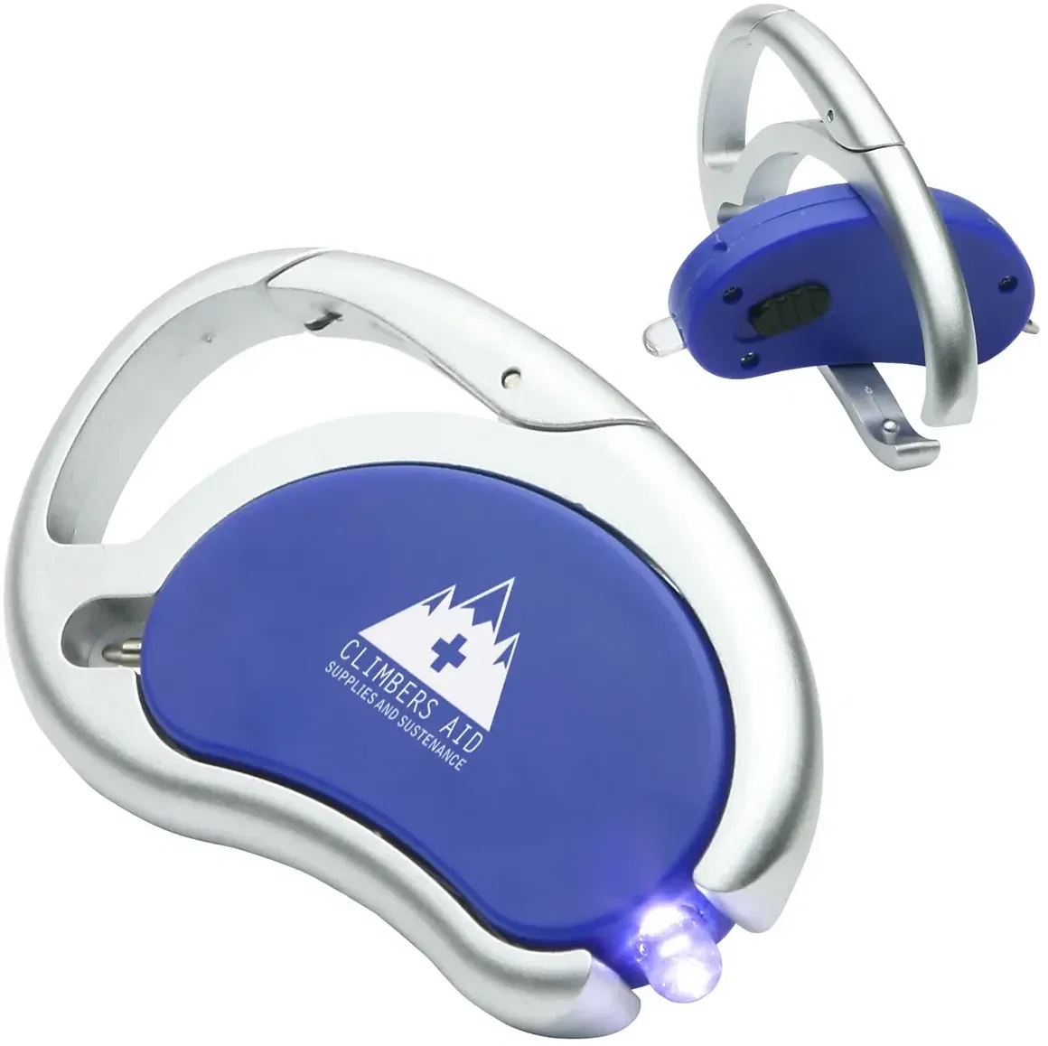 Custom Carabiner swivel light and pen with LED lit, branded promotional multi-tool angled view