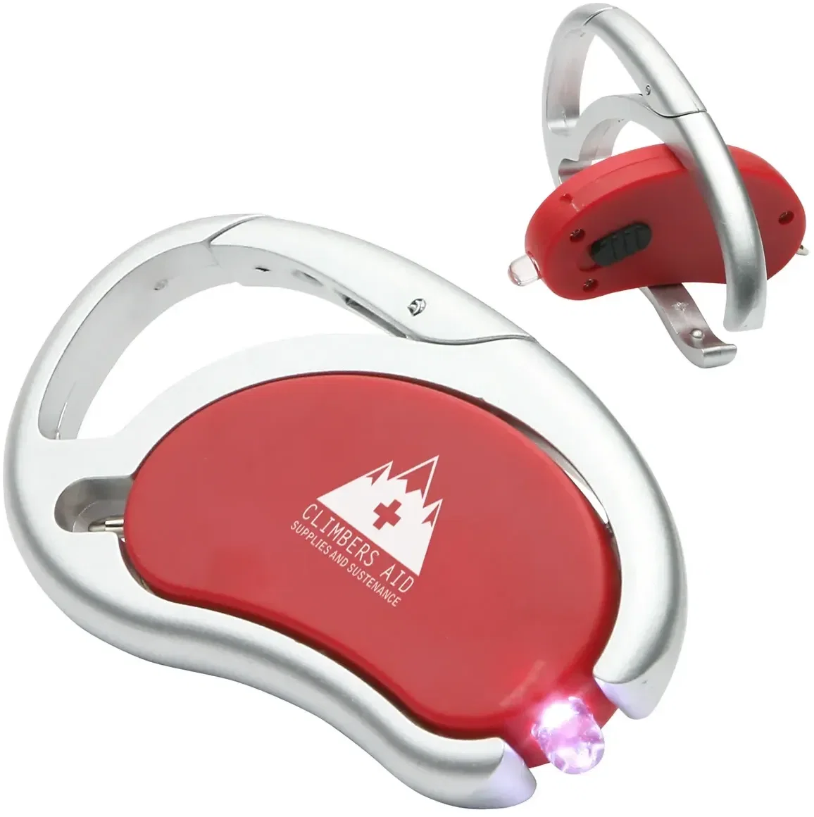 Branded Carabiner swivel tool showing ballpoint pen extended, custom promotional light detail