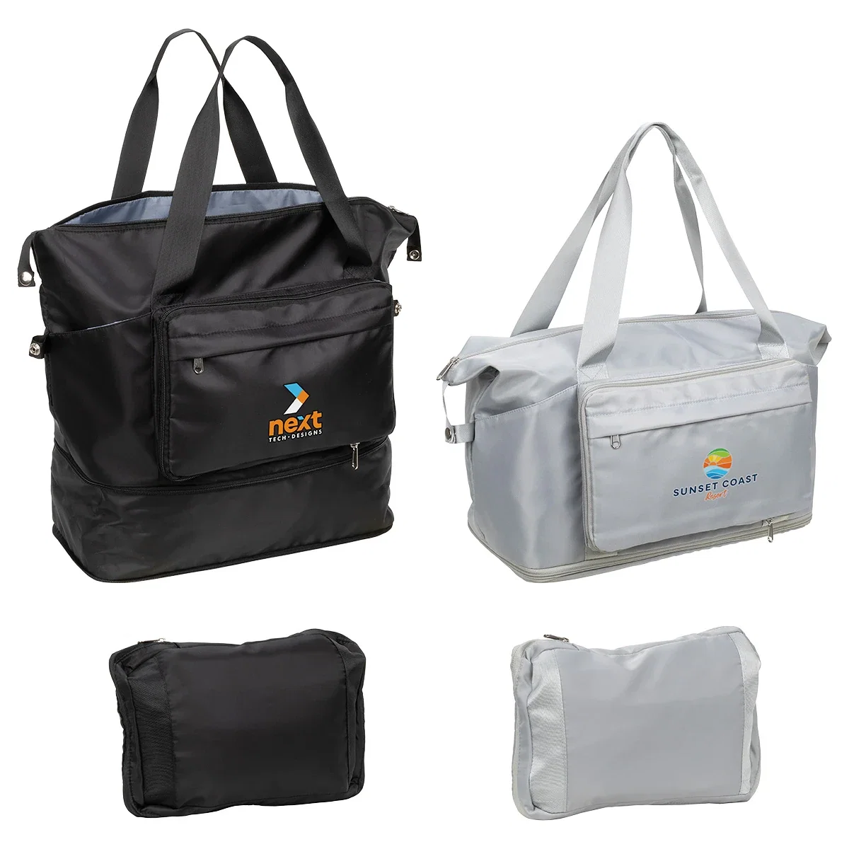 Custom Caravan Expandable Travel Tote, front view of the branded polyester tote