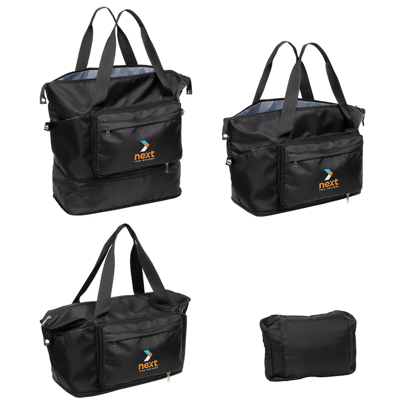 Caravan Travel Tote shown expanded, highlighting the additional packing space