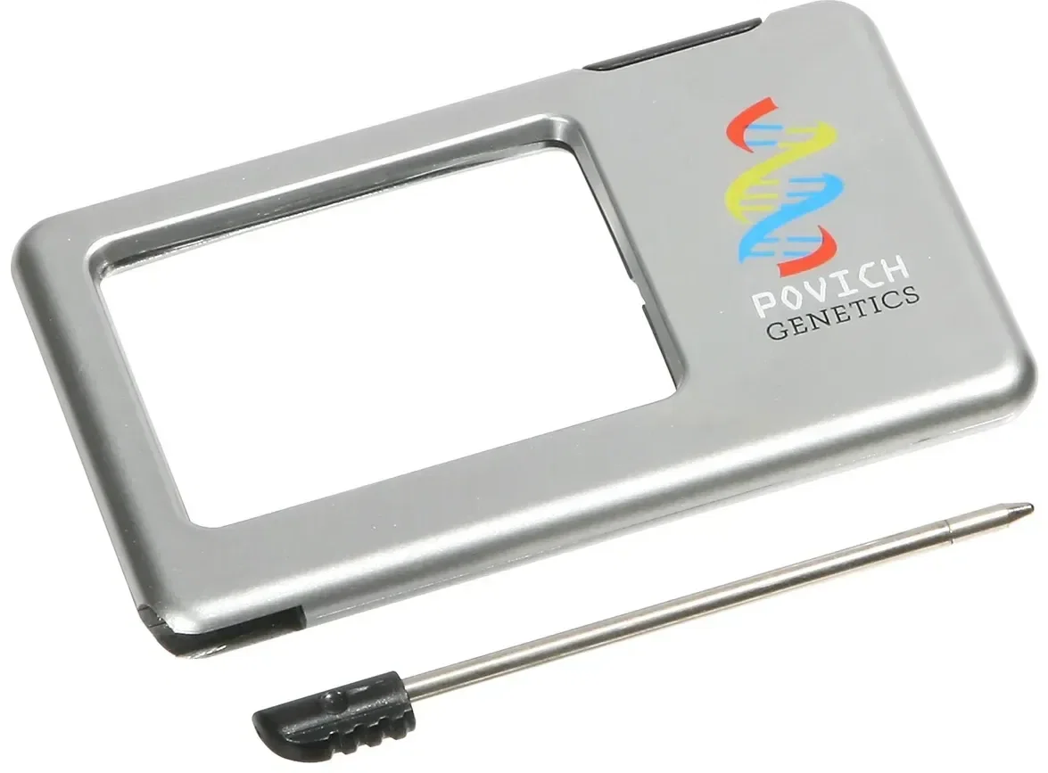 Card-size custom 3X LED magnifier with branded logo, credit-card frame front view
