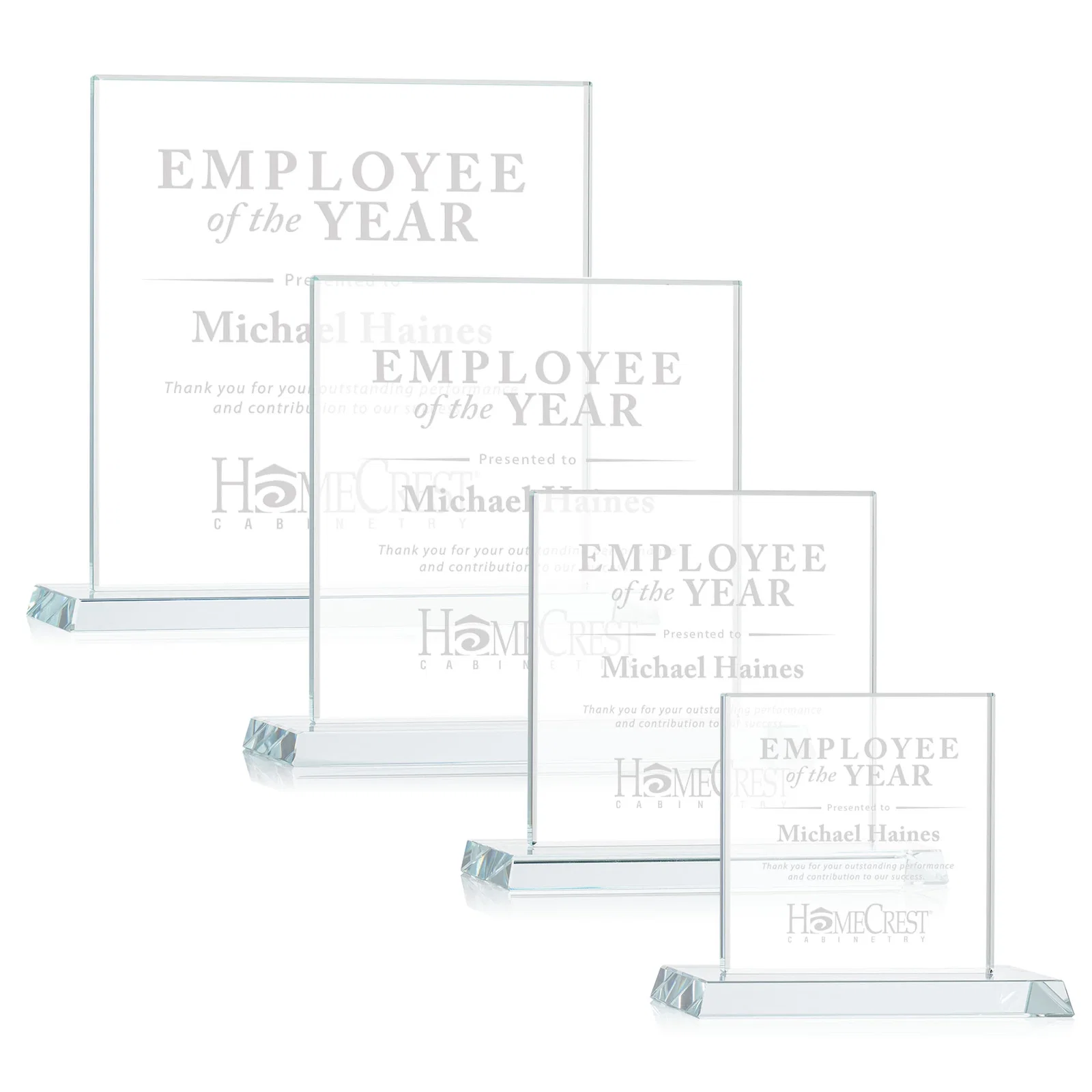 Custom Starfire Crystal Square Award on Matching Beveled Base, awards for employee recognition