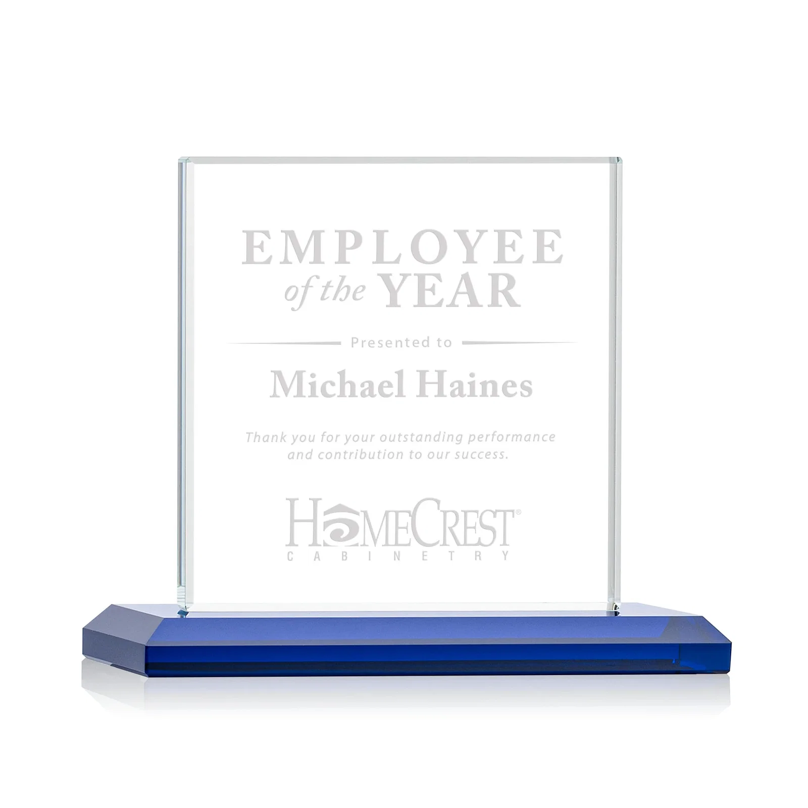 Custom Starfire Crystal Square Award on Matching Beveled Base, awards for company anniversary events