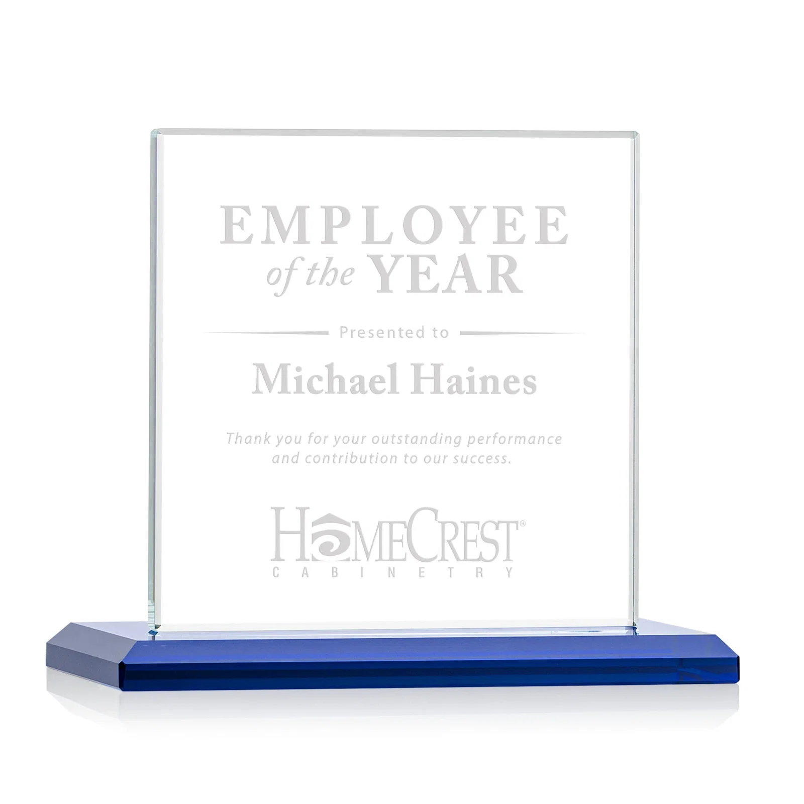Personalized Starfire Crystal Square Award on Matching Beveled Base, awards for employee recognition