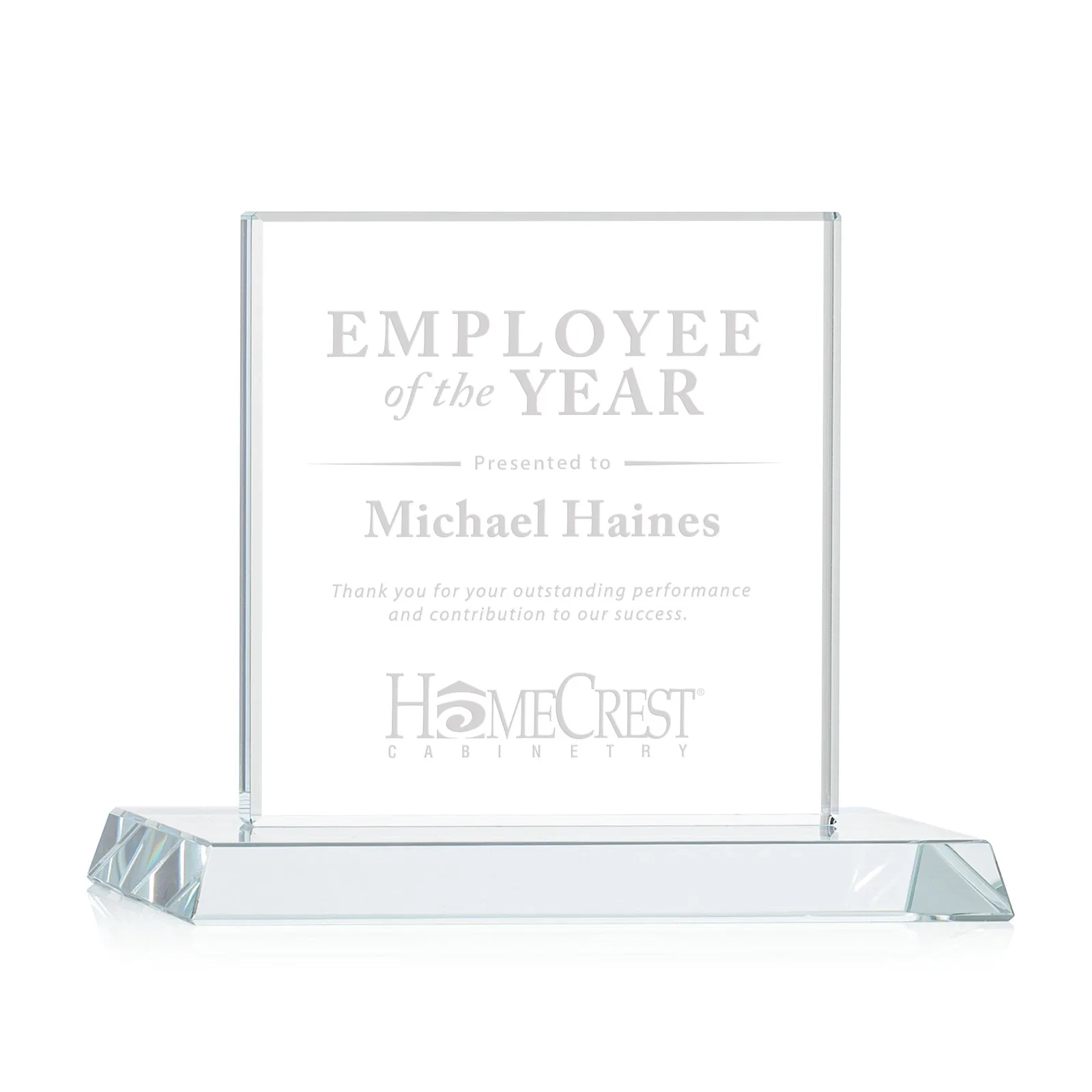 Custom Starfire Crystal Square Award on Matching Beveled Base, awards for corporate award ceremonies