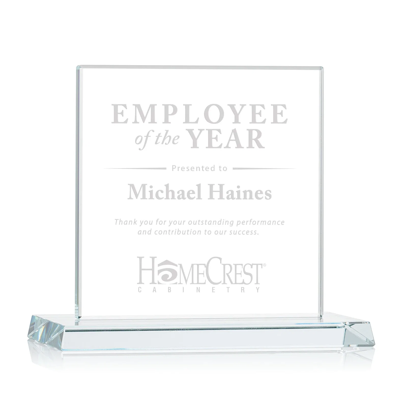 Custom Starfire Crystal Square Award on Matching Beveled Base, awards for service anniversary gifts