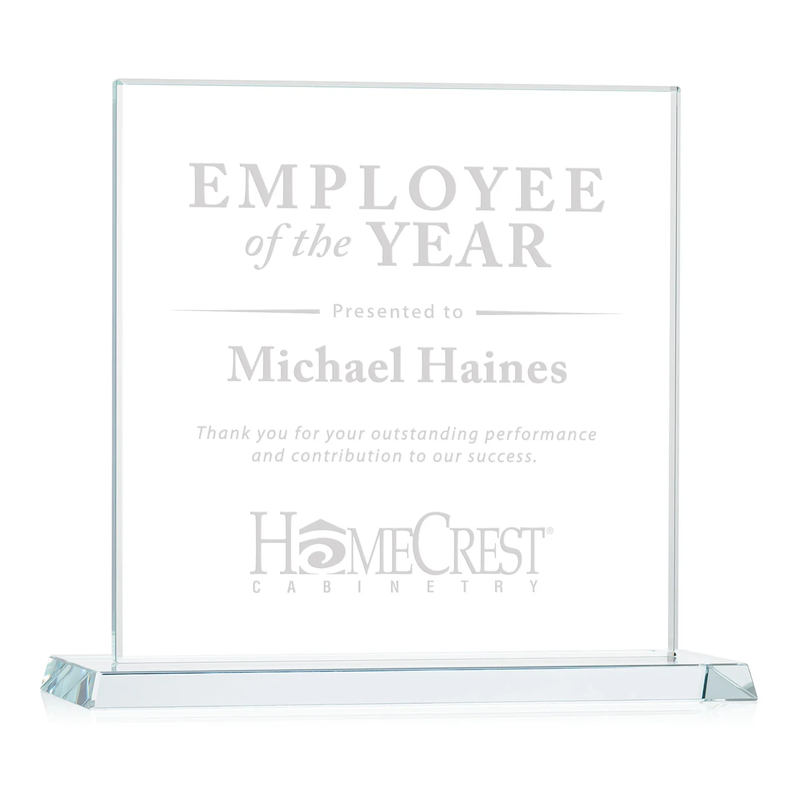 Custom Starfire Crystal Square Award on Matching Beveled Base, awards for retirement presentations