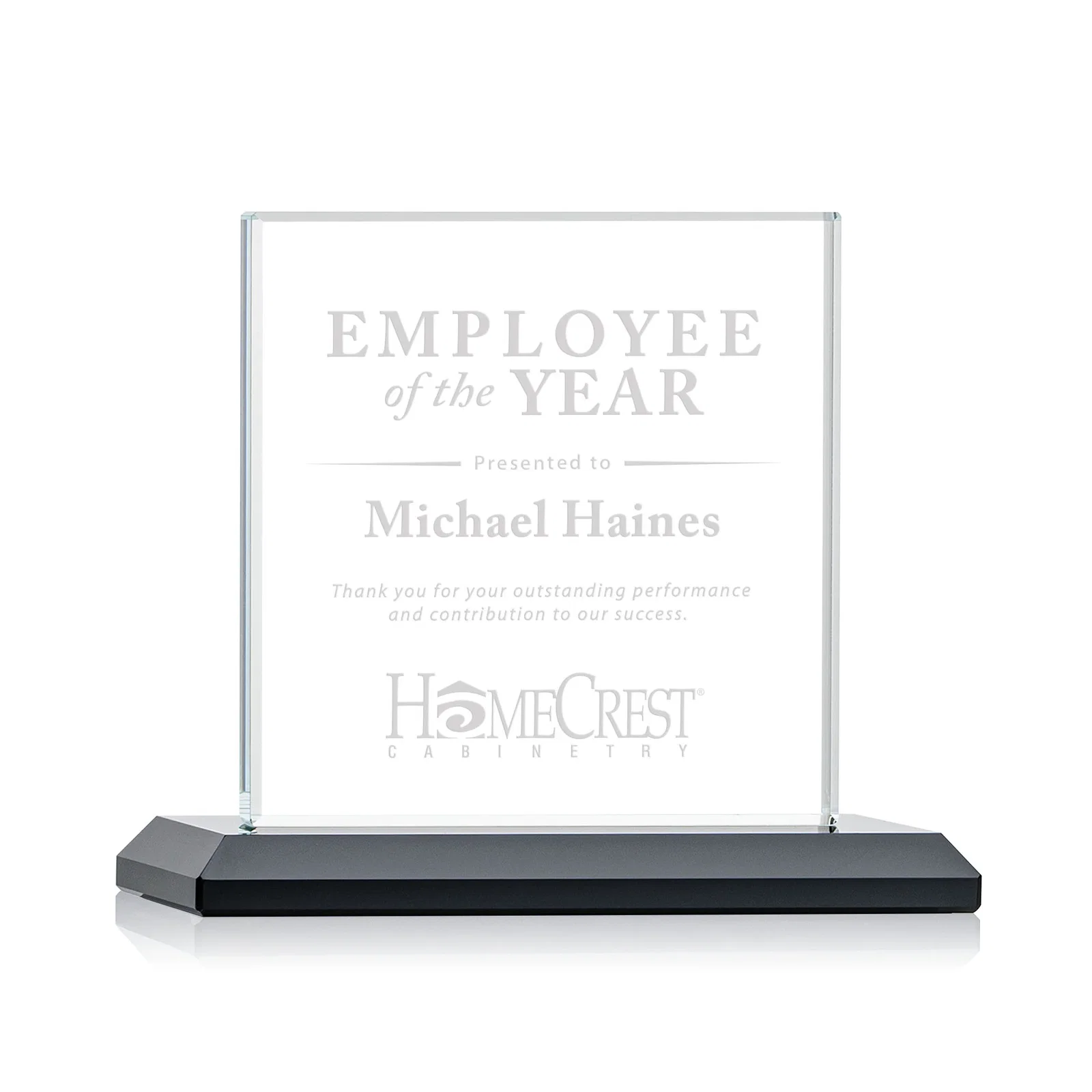 Custom Starfire Crystal Square Award on Matching Beveled Base, awards for donor appreciation